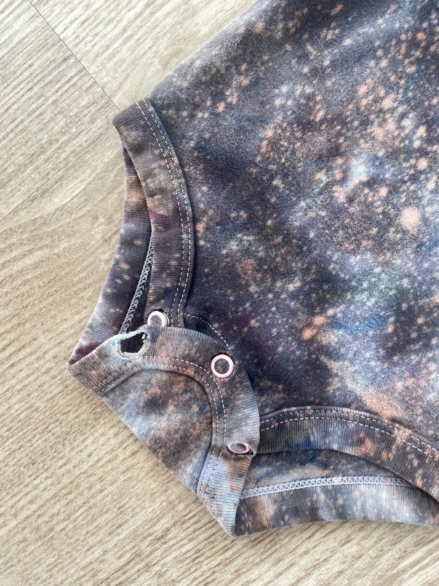 6-9 Months Climbing Shoe Short Sleeve Baby Onesie | Handmade, Upcycled Tie Dye Cotton Onesie | Galaxy Ice Dyed Gray and White Baby Clothing