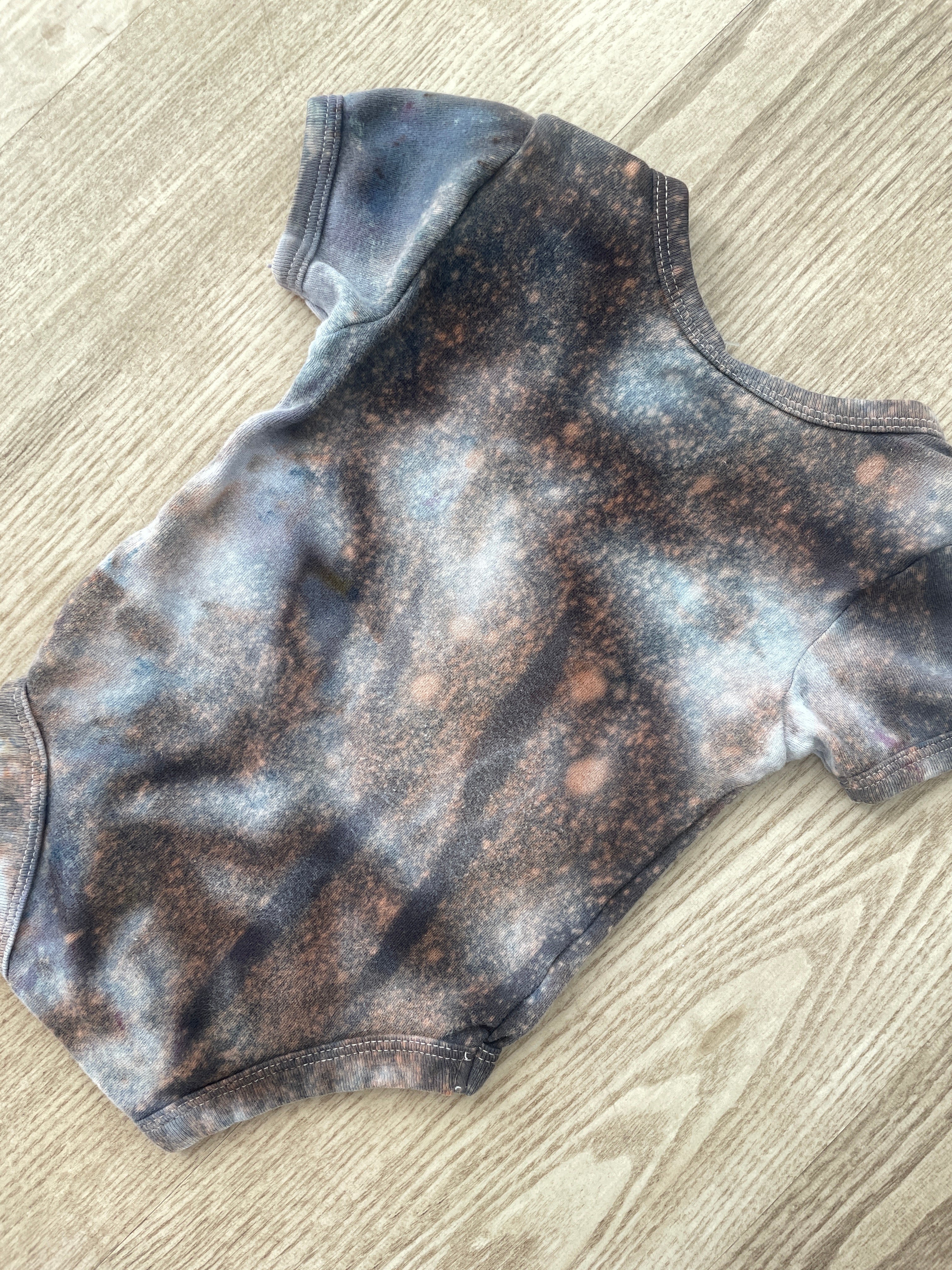 6-9 Months Climbing Shoe Short Sleeve Baby Onesie | Handmade, Upcycled Tie Dye Cotton Onesie | Galaxy Ice Dyed Gray and White Baby Clothing