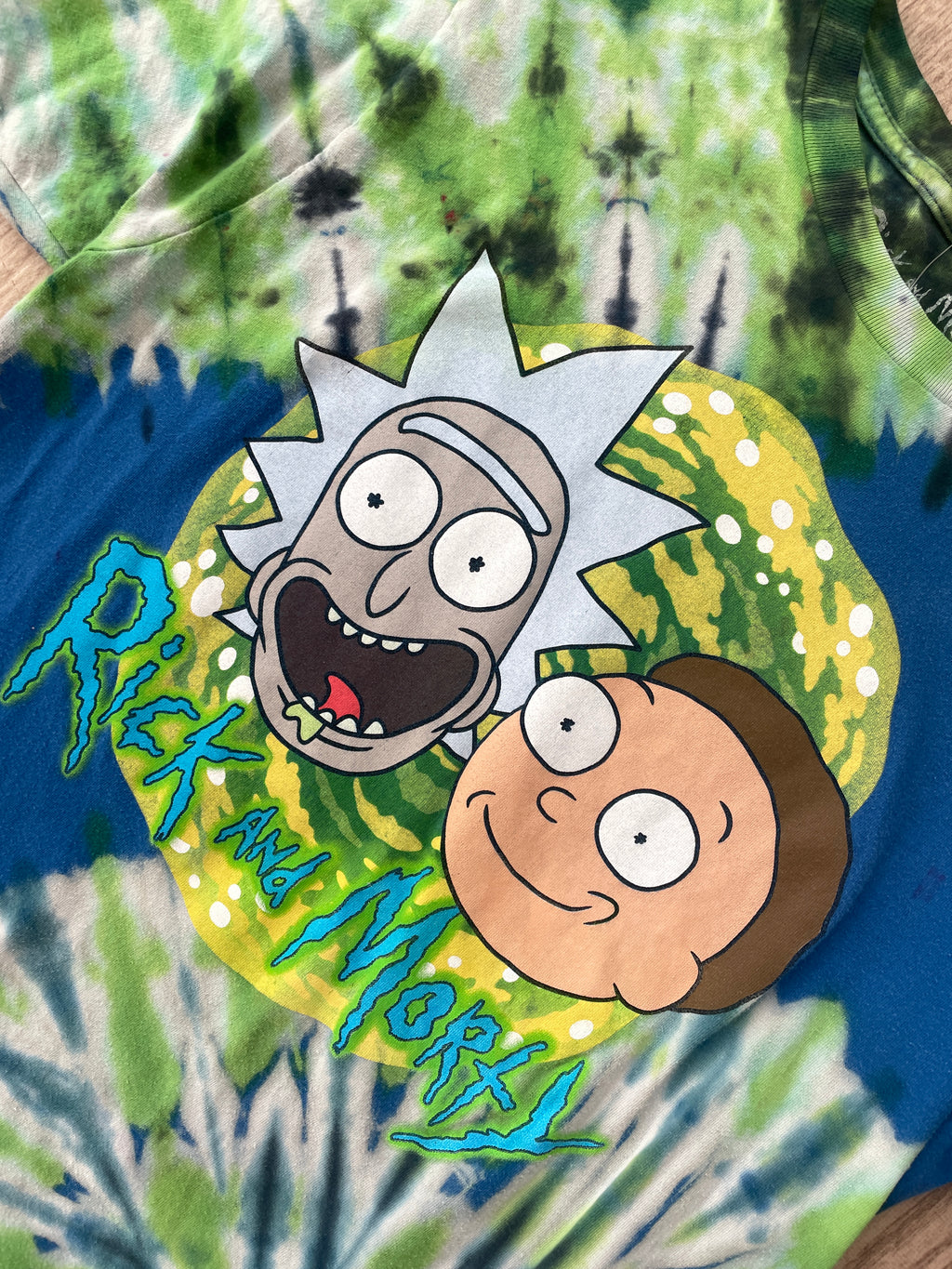 SMALL Men's Rick and Morty Reverse Tie Dye Handmade Short Sleeve T-Shirt | One-Of-a-Kind Upcycled Blue and Green Spiral Top
