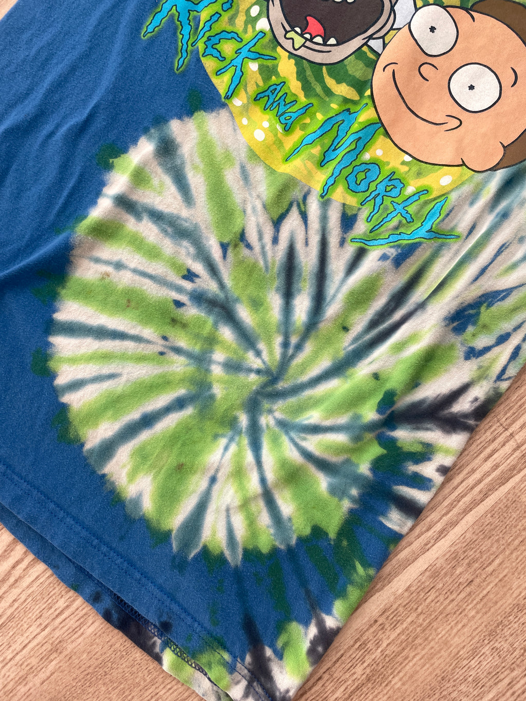 SMALL Men's Rick and Morty Reverse Tie Dye Handmade Short Sleeve T-Shirt | One-Of-a-Kind Upcycled Blue and Green Spiral Top
