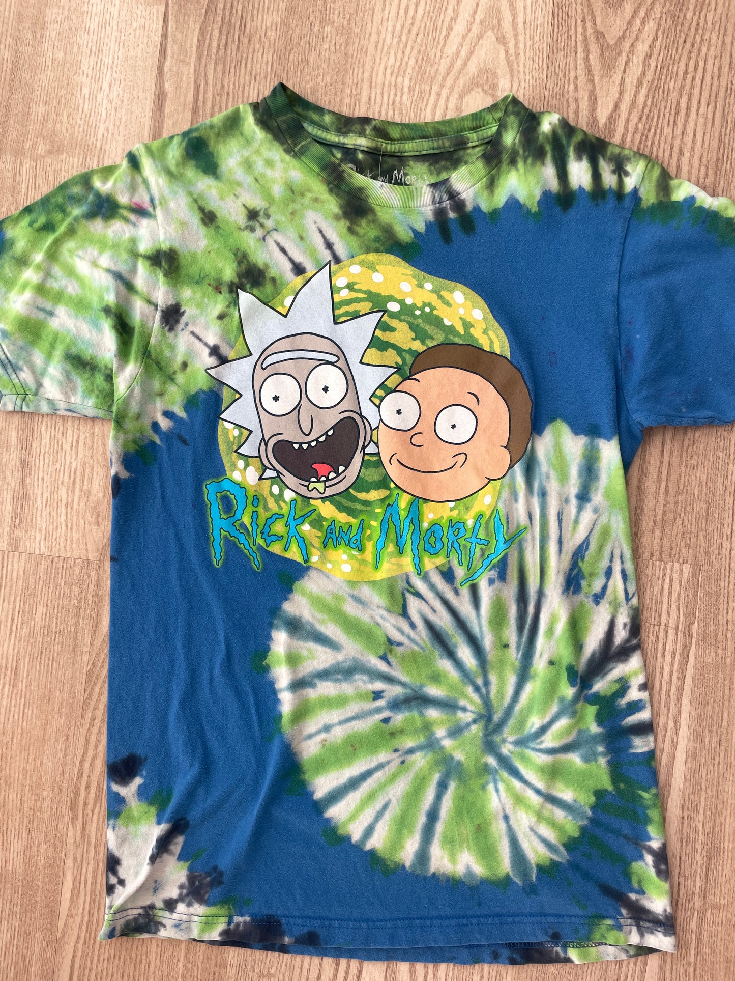 SMALL Men's Rick and Morty Reverse Tie Dye Handmade Short Sleeve T-Shirt | One-Of-a-Kind Upcycled Blue and Green Spiral Top