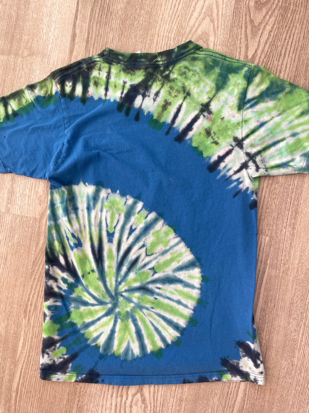 SMALL Men's Rick and Morty Reverse Tie Dye Handmade Short Sleeve T-Shirt | One-Of-a-Kind Upcycled Blue and Green Spiral Top