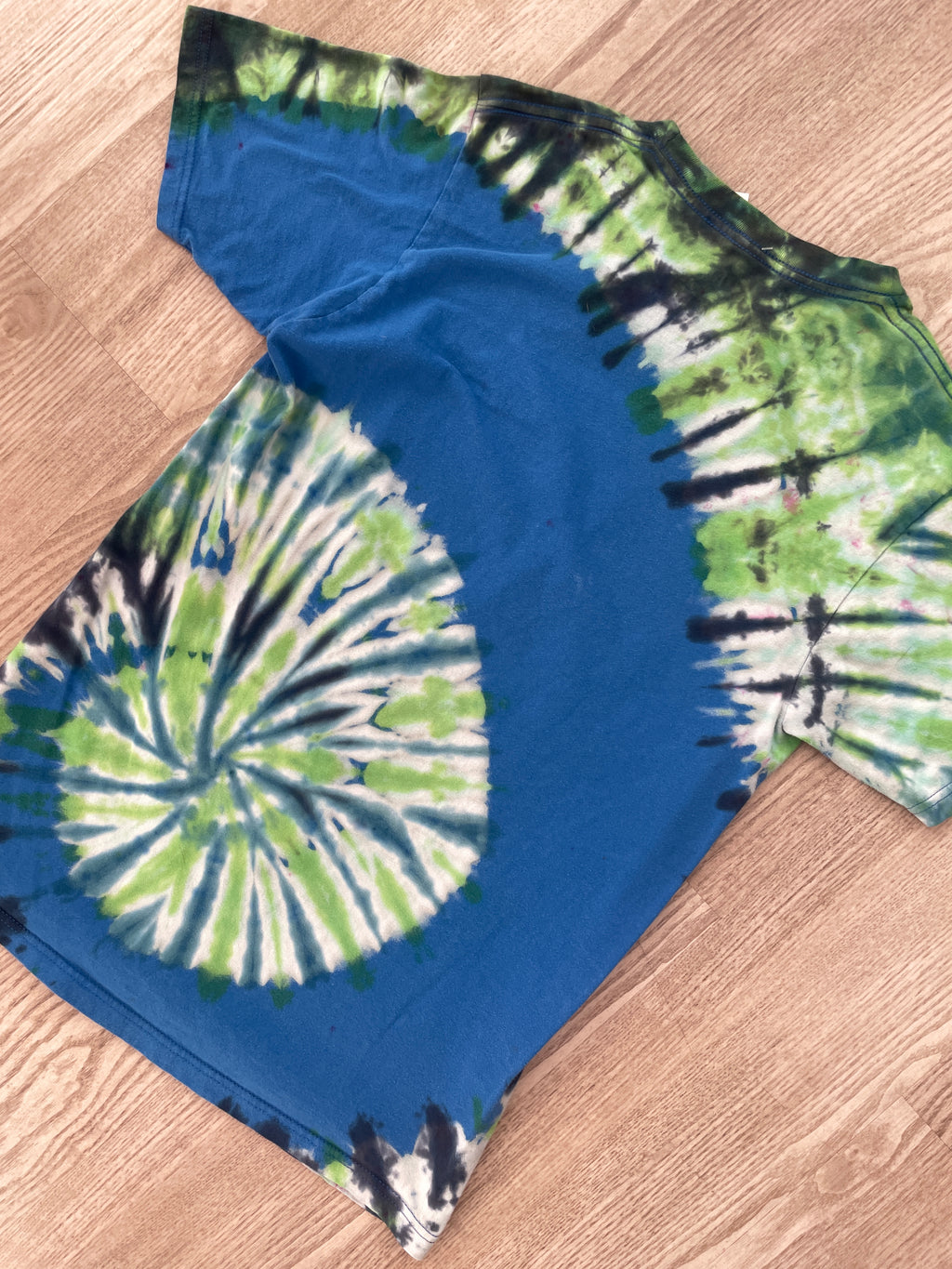 SMALL Men's Rick and Morty Reverse Tie Dye Handmade Short Sleeve T-Shirt | One-Of-a-Kind Upcycled Blue and Green Spiral Top