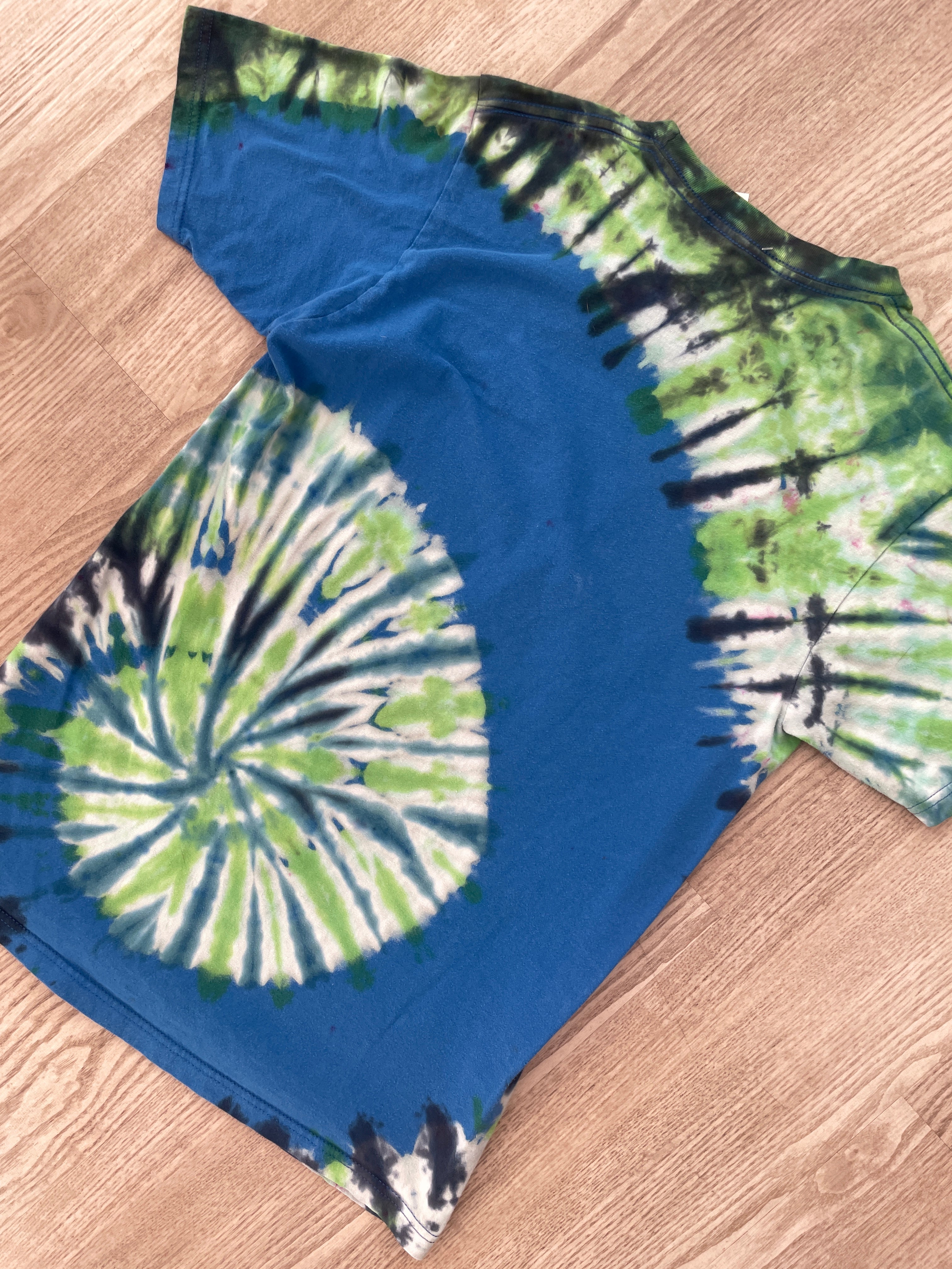 SMALL Men's Rick and Morty Reverse Tie Dye Handmade Short Sleeve T-Shirt | One-Of-a-Kind Upcycled Blue and Green Spiral Top