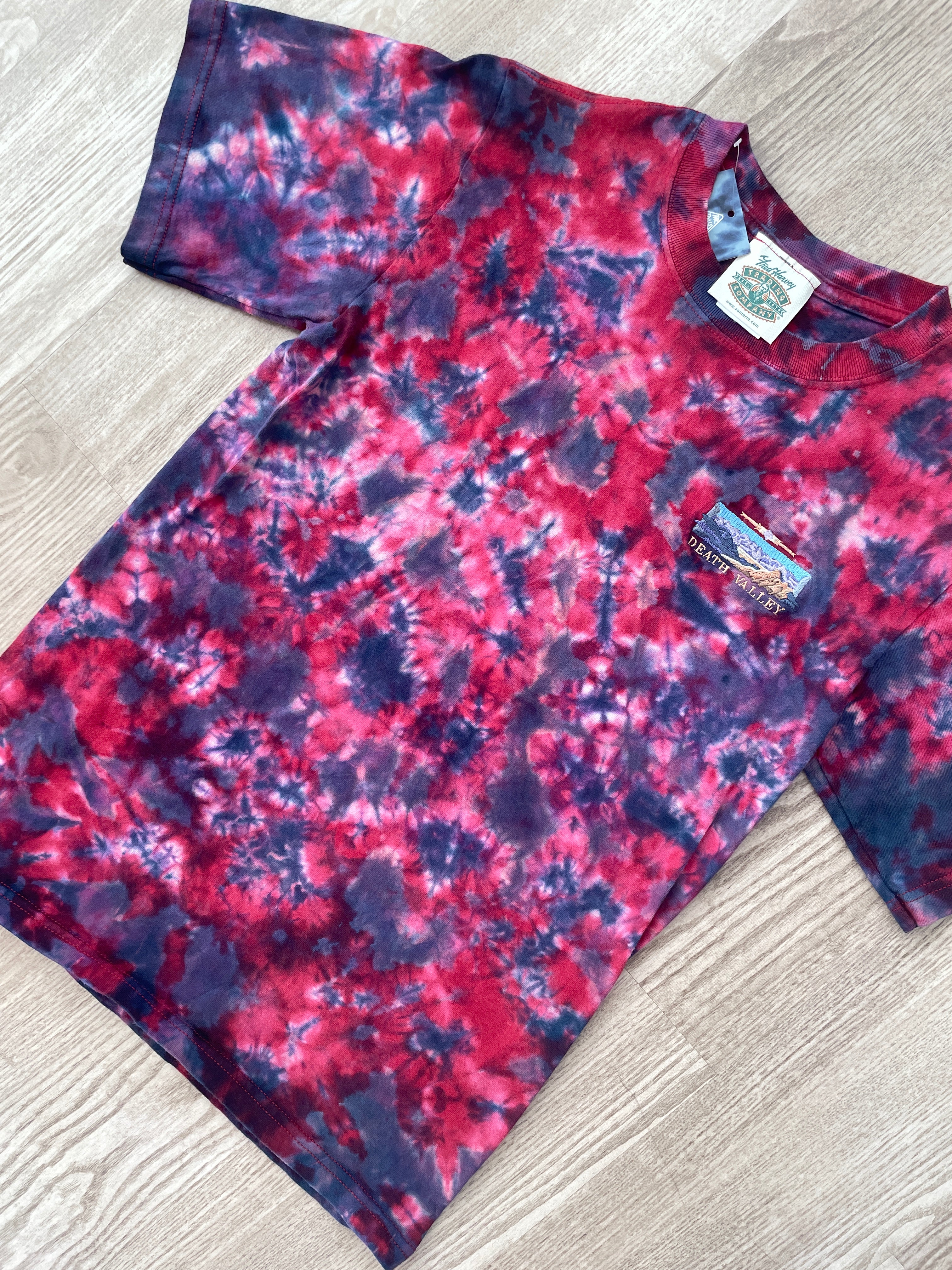 SMALL Men's Death Valley Embroidered Reverse Tie Dye Handmade Short Sleeve T-Shirt | One-Of-a-Kind Upcycled Red and Blue Crumpled Top