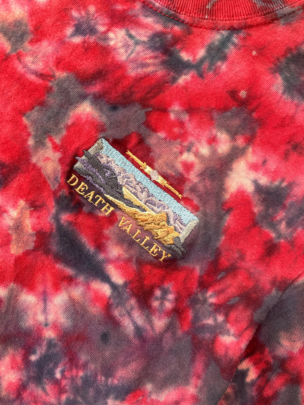 SMALL Men's Death Valley Embroidered Reverse Tie Dye Handmade Short Sleeve T-Shirt | One-Of-a-Kind Upcycled Red and Blue Crumpled Top