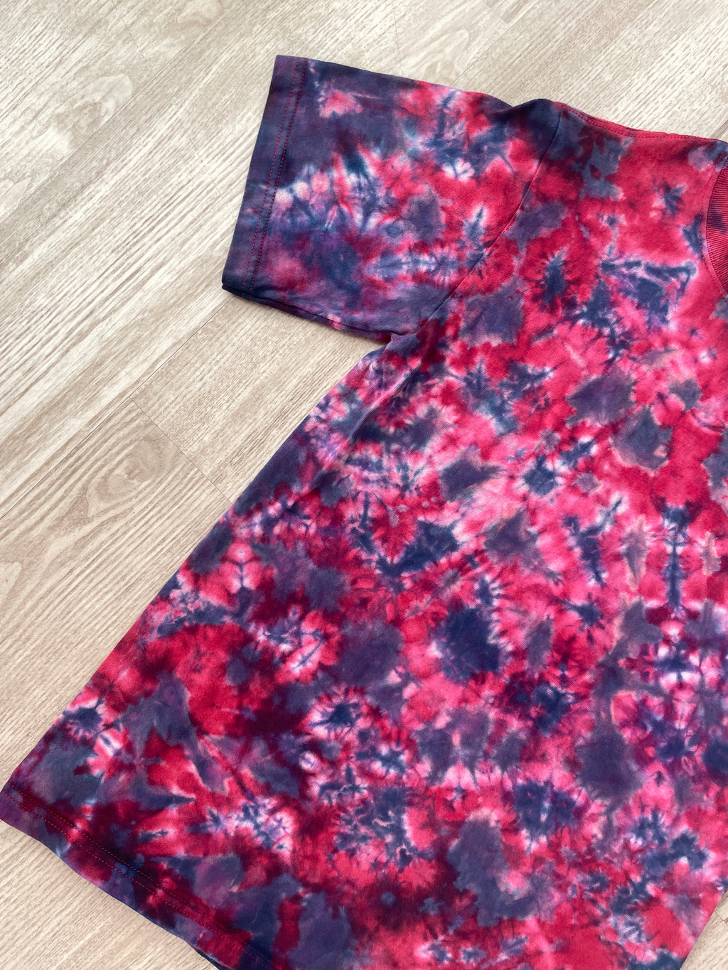 SMALL Men's Death Valley Embroidered Reverse Tie Dye Handmade Short Sleeve T-Shirt | One-Of-a-Kind Upcycled Red and Blue Crumpled Top