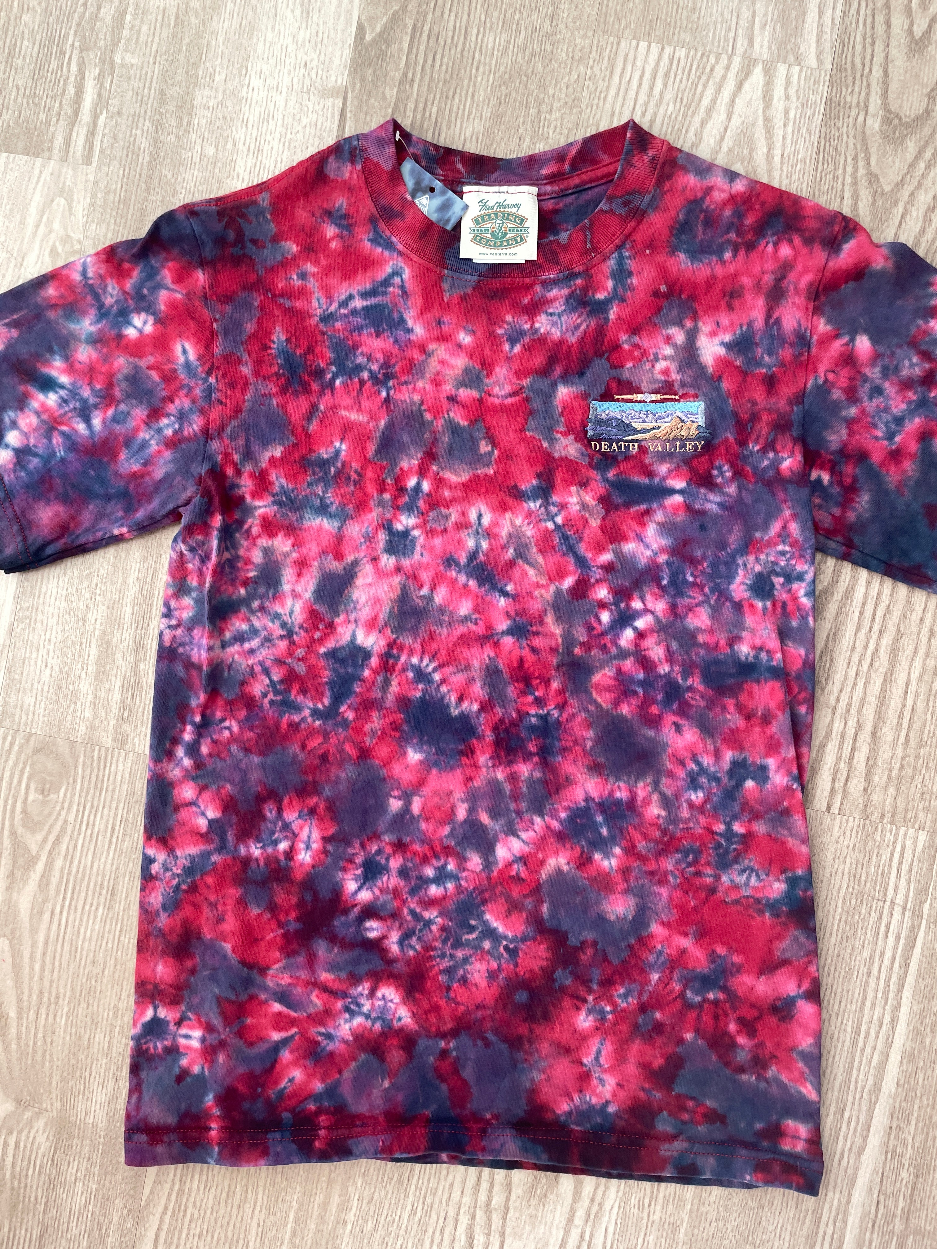 SMALL Men's Death Valley Embroidered Reverse Tie Dye Handmade Short Sleeve T-Shirt | One-Of-a-Kind Upcycled Red and Blue Crumpled Top