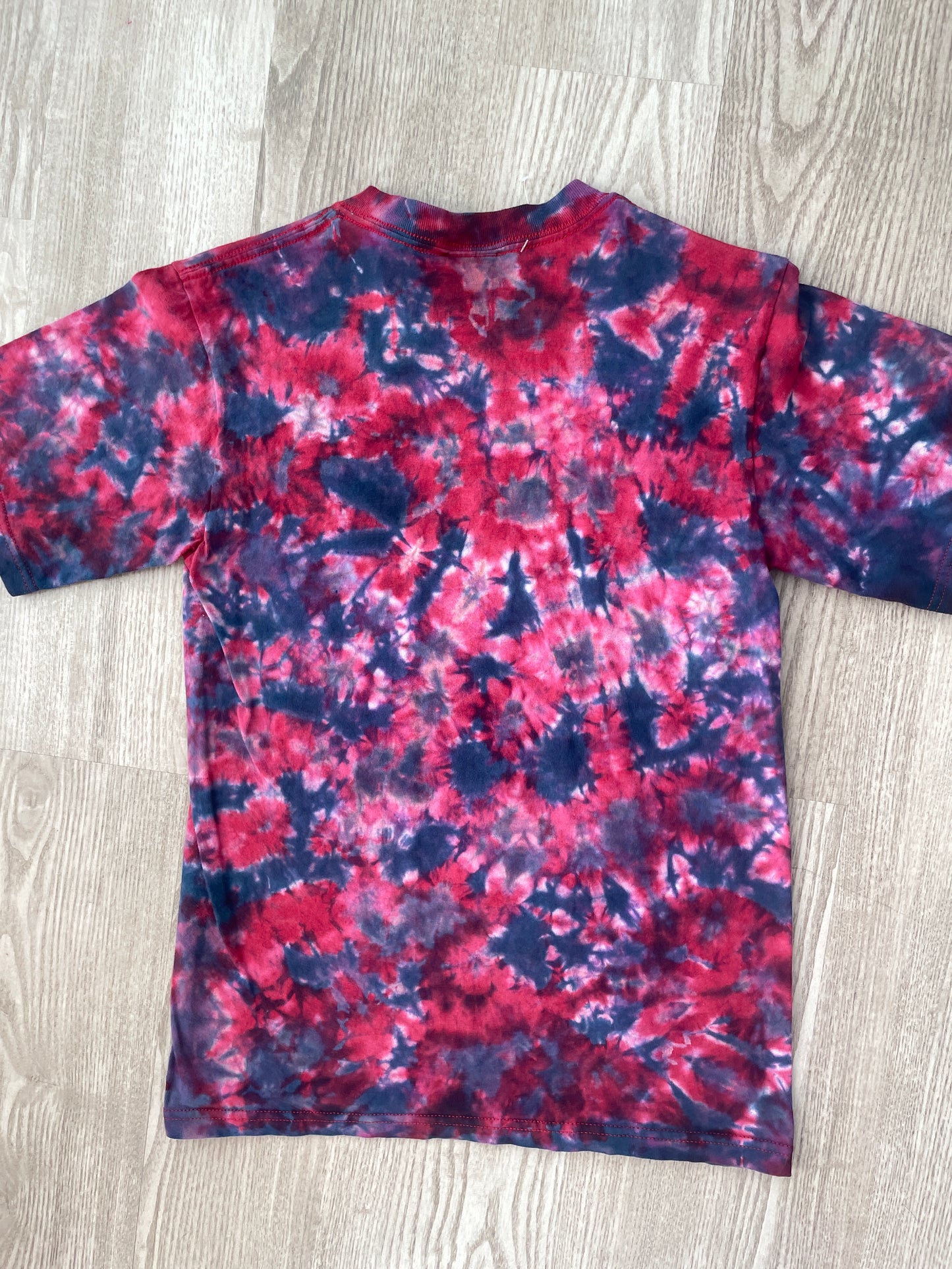 SMALL Men's Death Valley Embroidered Reverse Tie Dye Handmade Short Sleeve T-Shirt | One-Of-a-Kind Upcycled Red and Blue Crumpled Top
