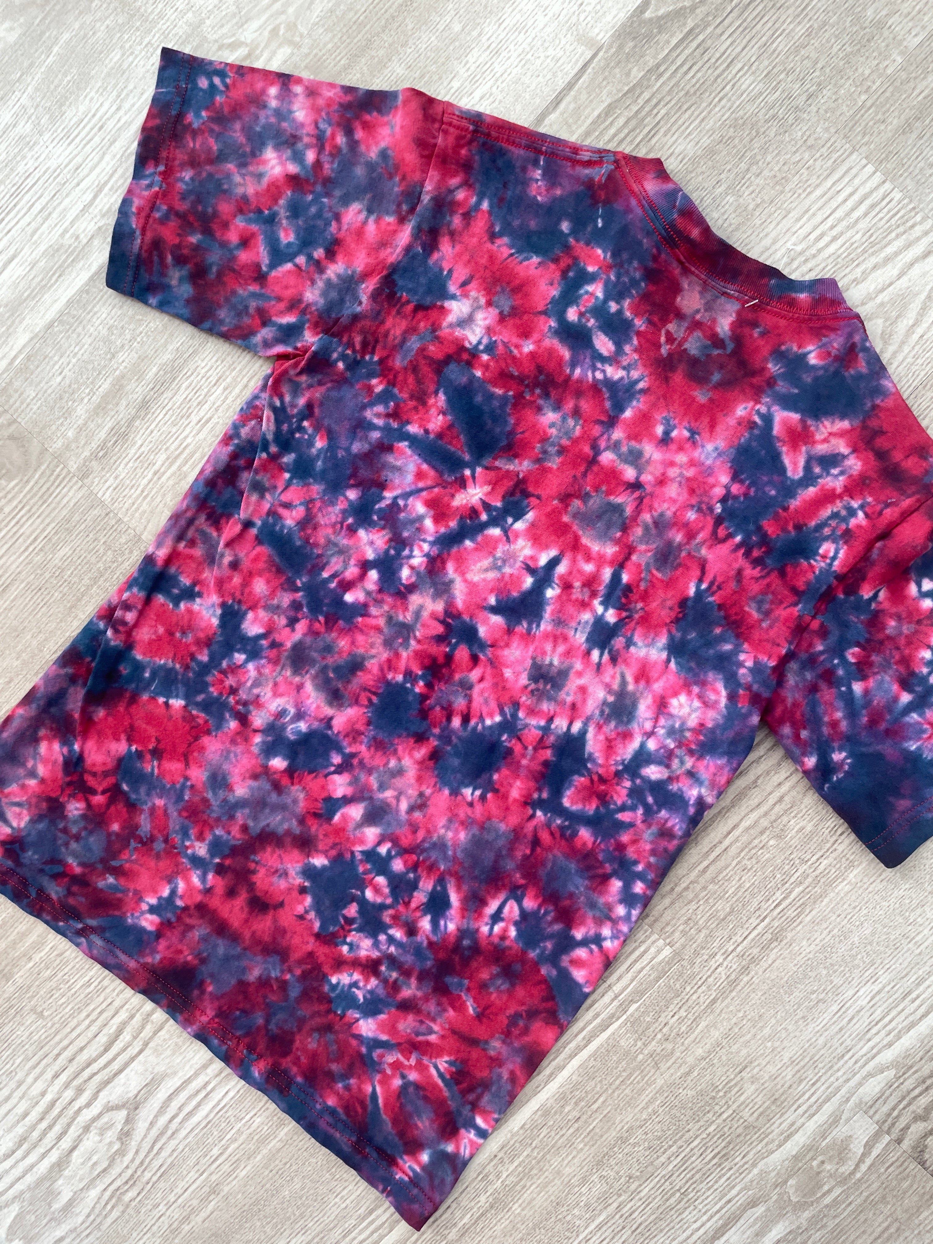 SMALL Men's Death Valley Embroidered Reverse Tie Dye Handmade Short Sleeve T-Shirt | One-Of-a-Kind Upcycled Red and Blue Crumpled Top