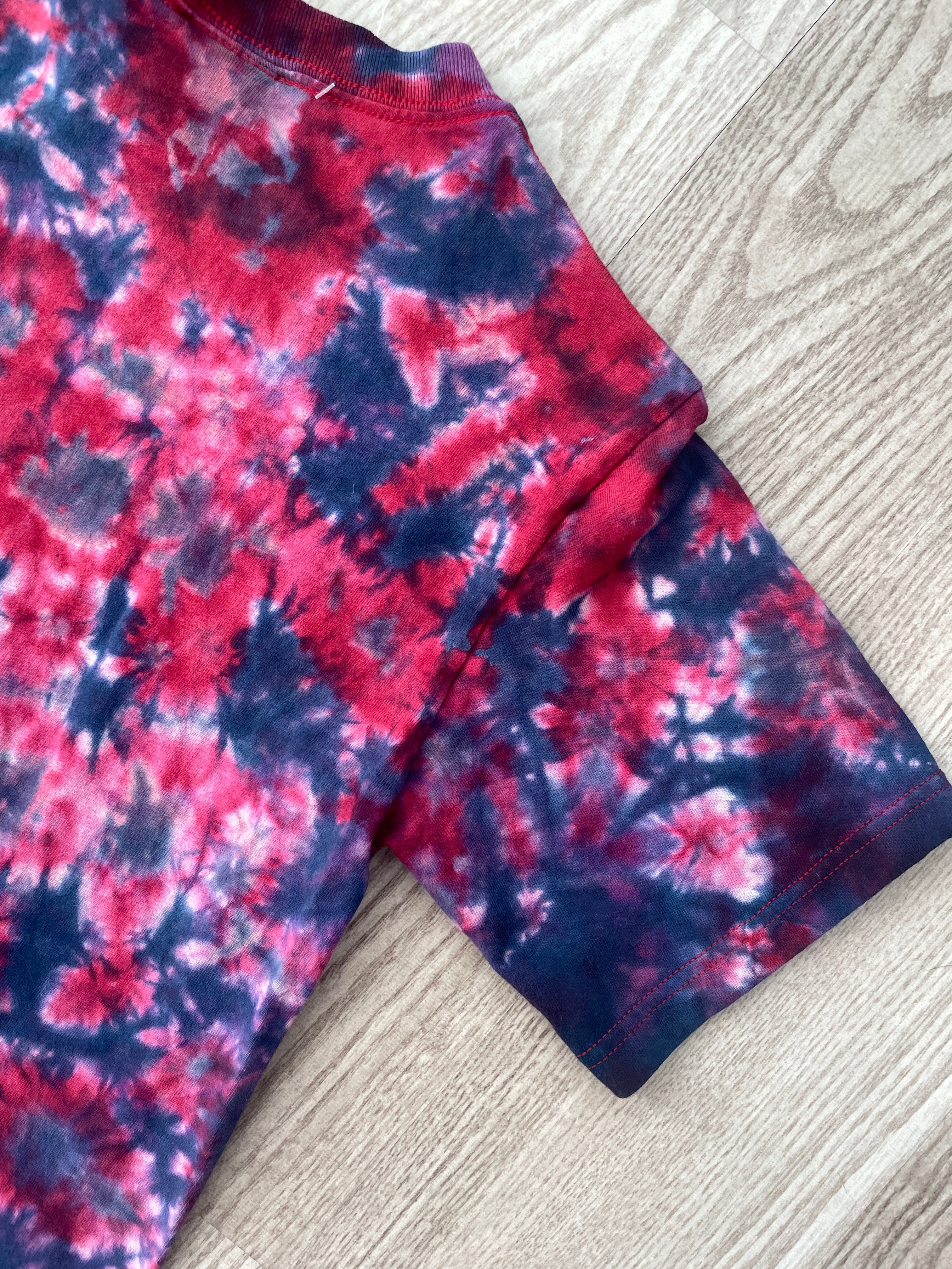 SMALL Men's Death Valley Embroidered Reverse Tie Dye Handmade Short Sleeve T-Shirt | One-Of-a-Kind Upcycled Red and Blue Crumpled Top