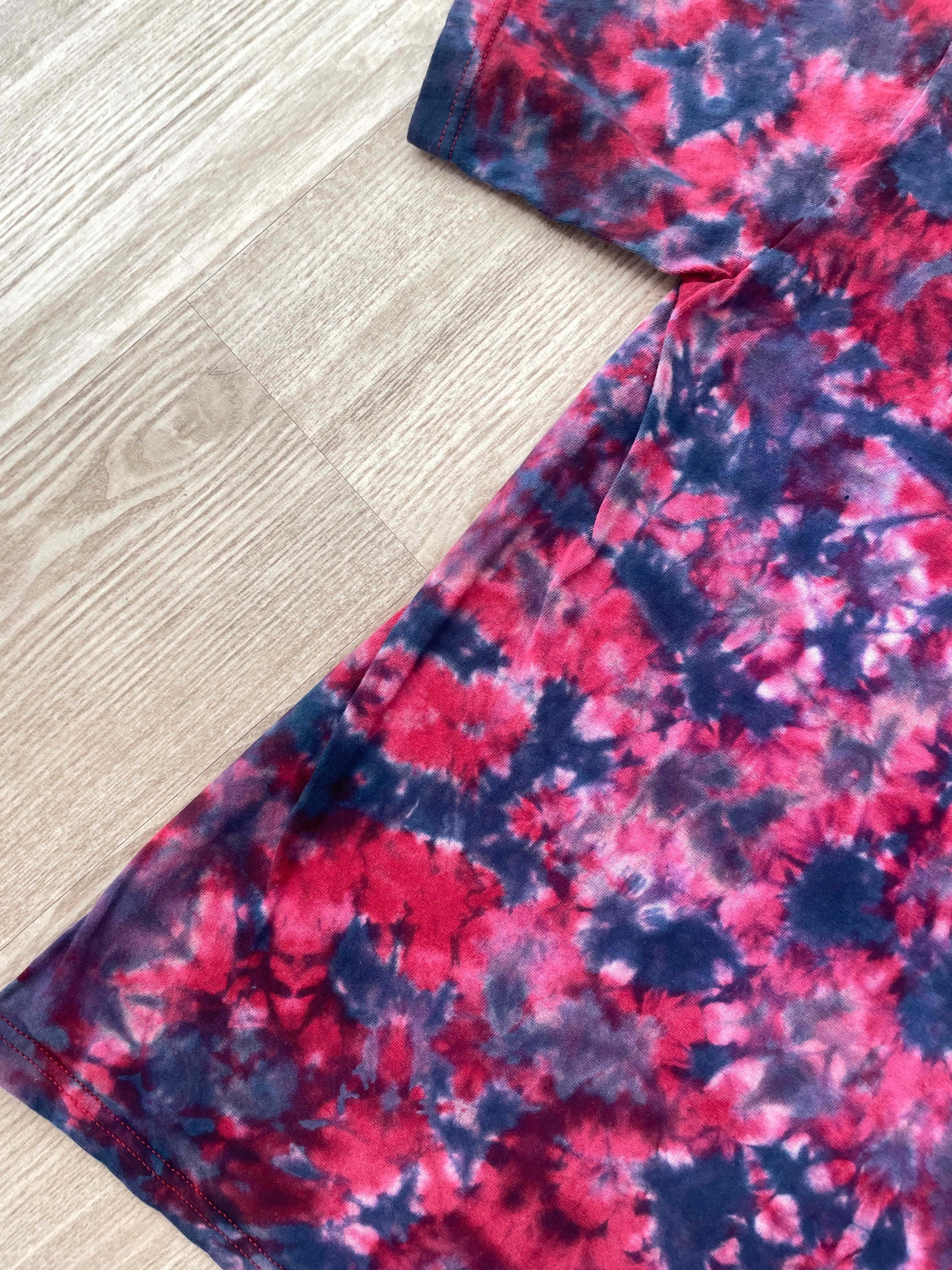 SMALL Men's Death Valley Embroidered Reverse Tie Dye Handmade Short Sleeve T-Shirt | One-Of-a-Kind Upcycled Red and Blue Crumpled Top