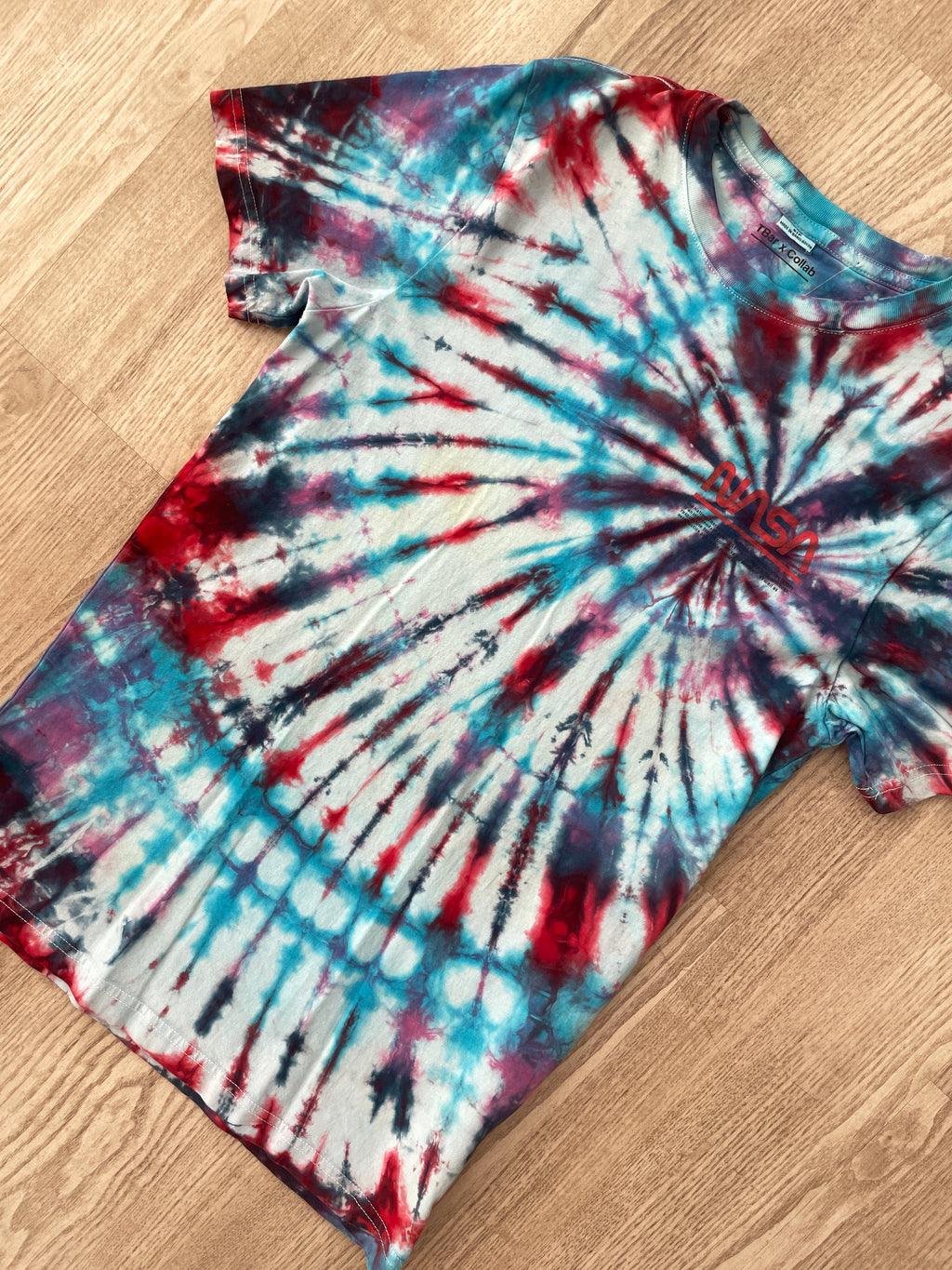 SMALL NASA Humans in Space Handmade Tie Dye Short Sleeve T-Shirt | One-Of-a-Kind Upcycled Red, White, and Blue Spiral Top