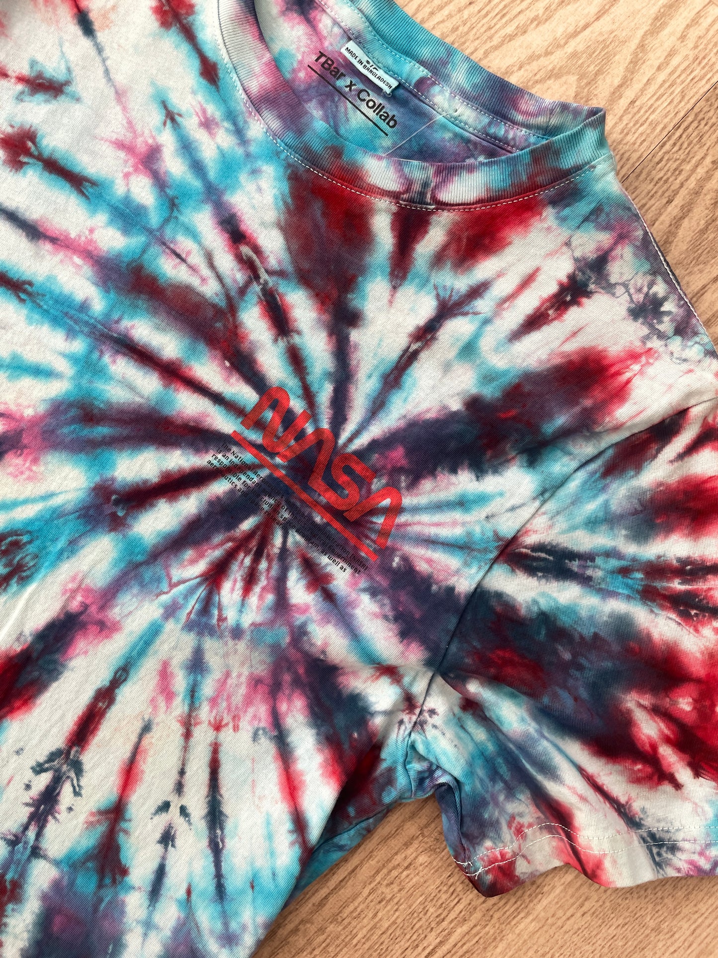 SMALL NASA Humans in Space Handmade Tie Dye Short Sleeve T-Shirt | One-Of-a-Kind Upcycled Red, White, and Blue Spiral Top