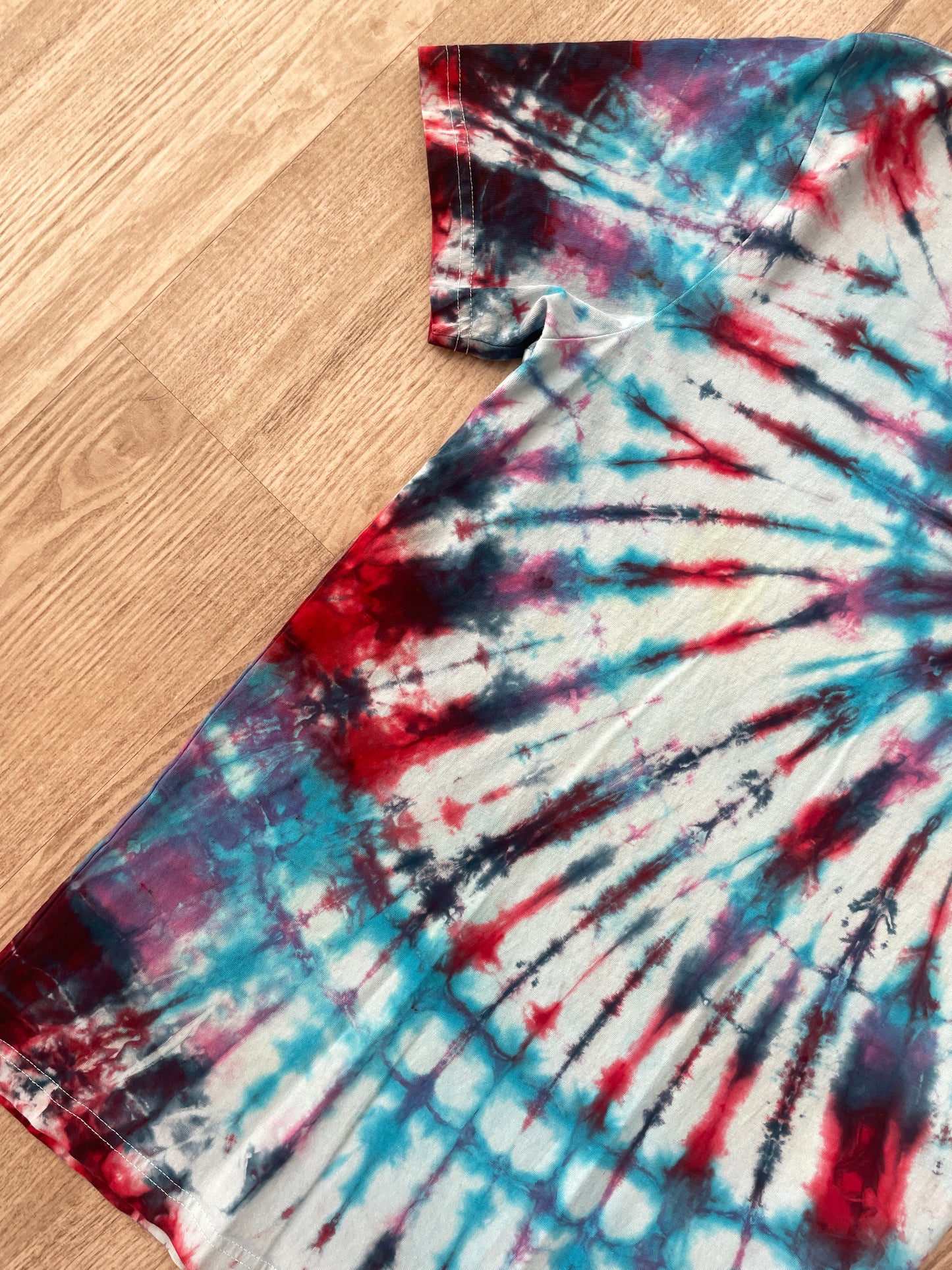 SMALL NASA Humans in Space Handmade Tie Dye Short Sleeve T-Shirt | One-Of-a-Kind Upcycled Red, White, and Blue Spiral Top