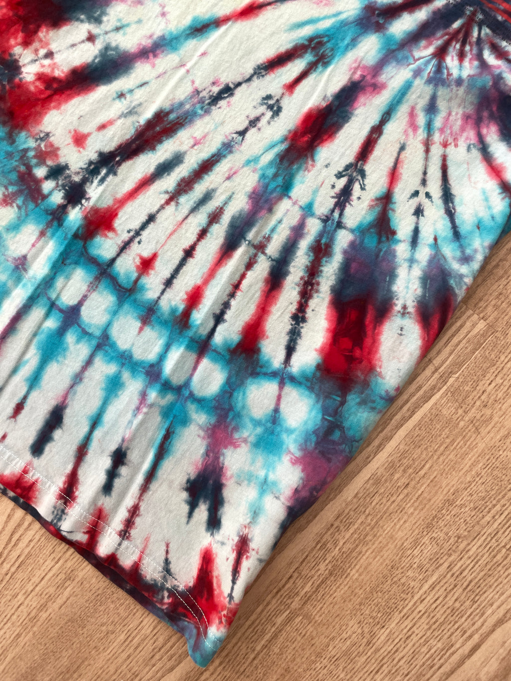 SMALL NASA Humans in Space Handmade Tie Dye Short Sleeve T-Shirt | One-Of-a-Kind Upcycled Red, White, and Blue Spiral Top