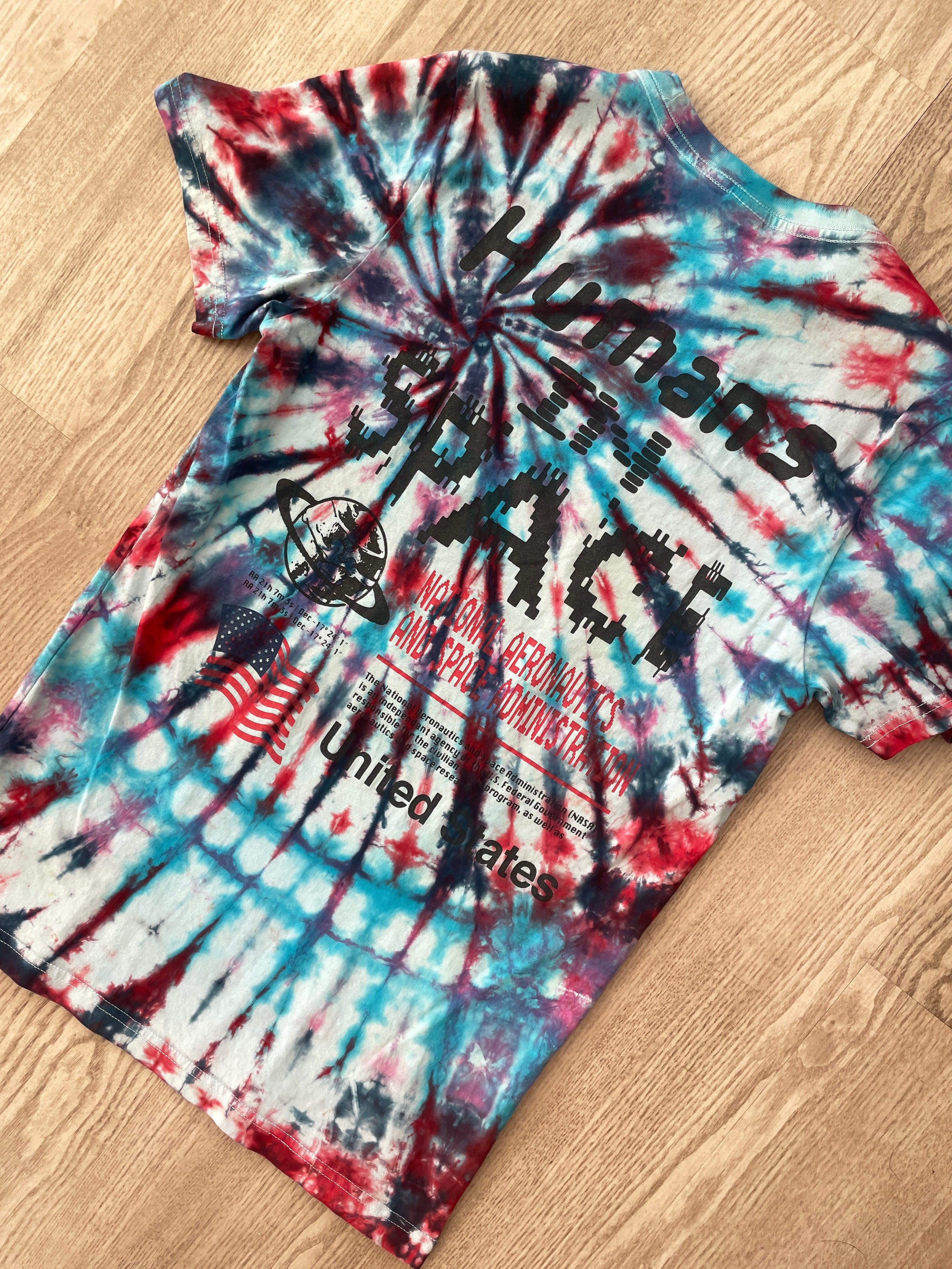 SMALL NASA Humans in Space Handmade Tie Dye Short Sleeve T-Shirt | One-Of-a-Kind Upcycled Red, White, and Blue Spiral Top