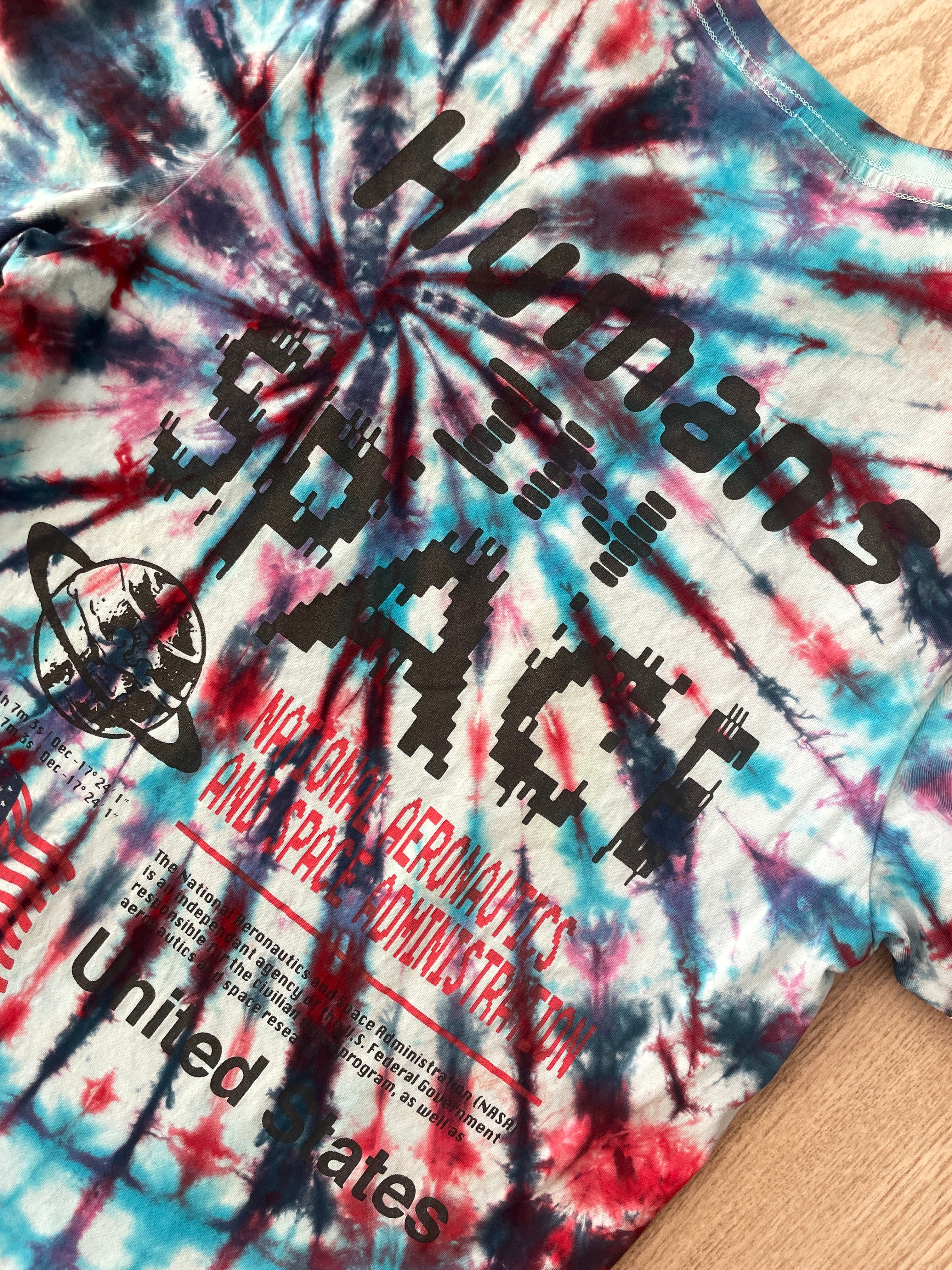 SMALL NASA Humans in Space Handmade Tie Dye Short Sleeve T-Shirt | One-Of-a-Kind Upcycled Red, White, and Blue Spiral Top