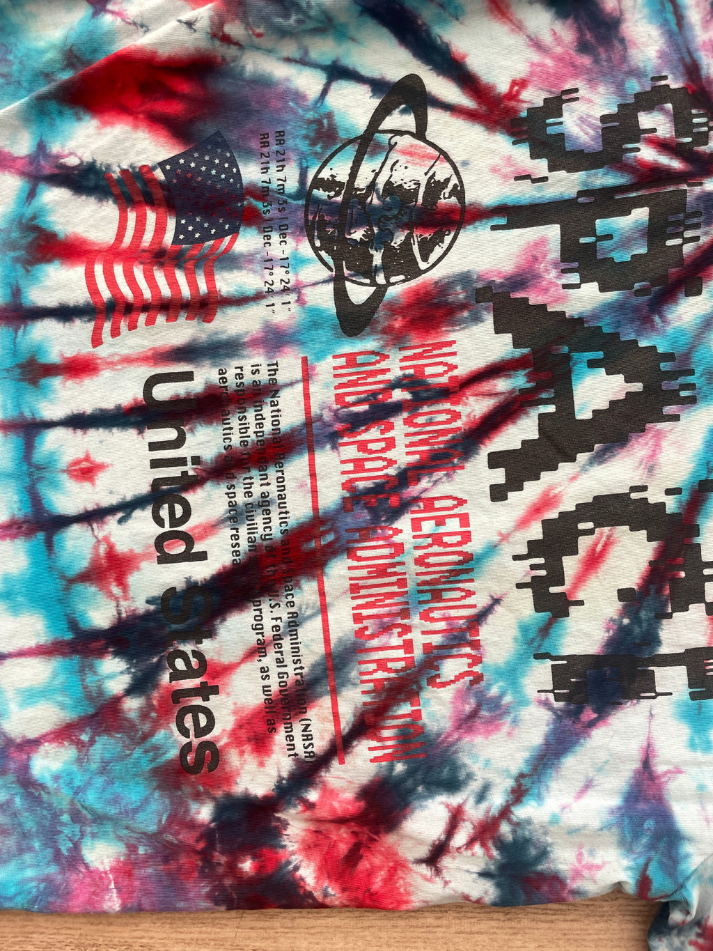 SMALL NASA Humans in Space Handmade Tie Dye Short Sleeve T-Shirt | One-Of-a-Kind Upcycled Red, White, and Blue Spiral Top