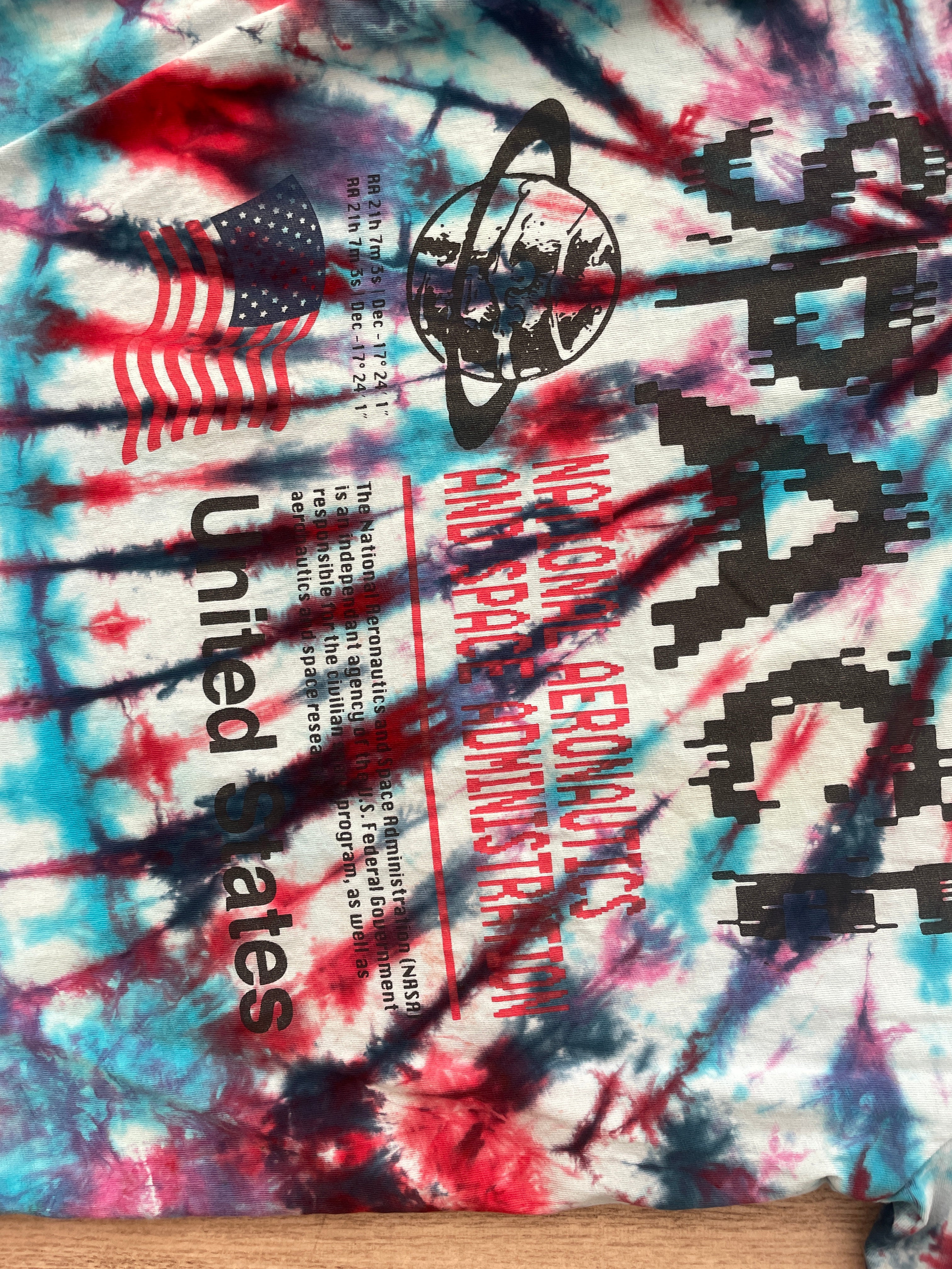 SMALL NASA Humans in Space Handmade Tie Dye Short Sleeve T-Shirt | One-Of-a-Kind Upcycled Red, White, and Blue Spiral Top