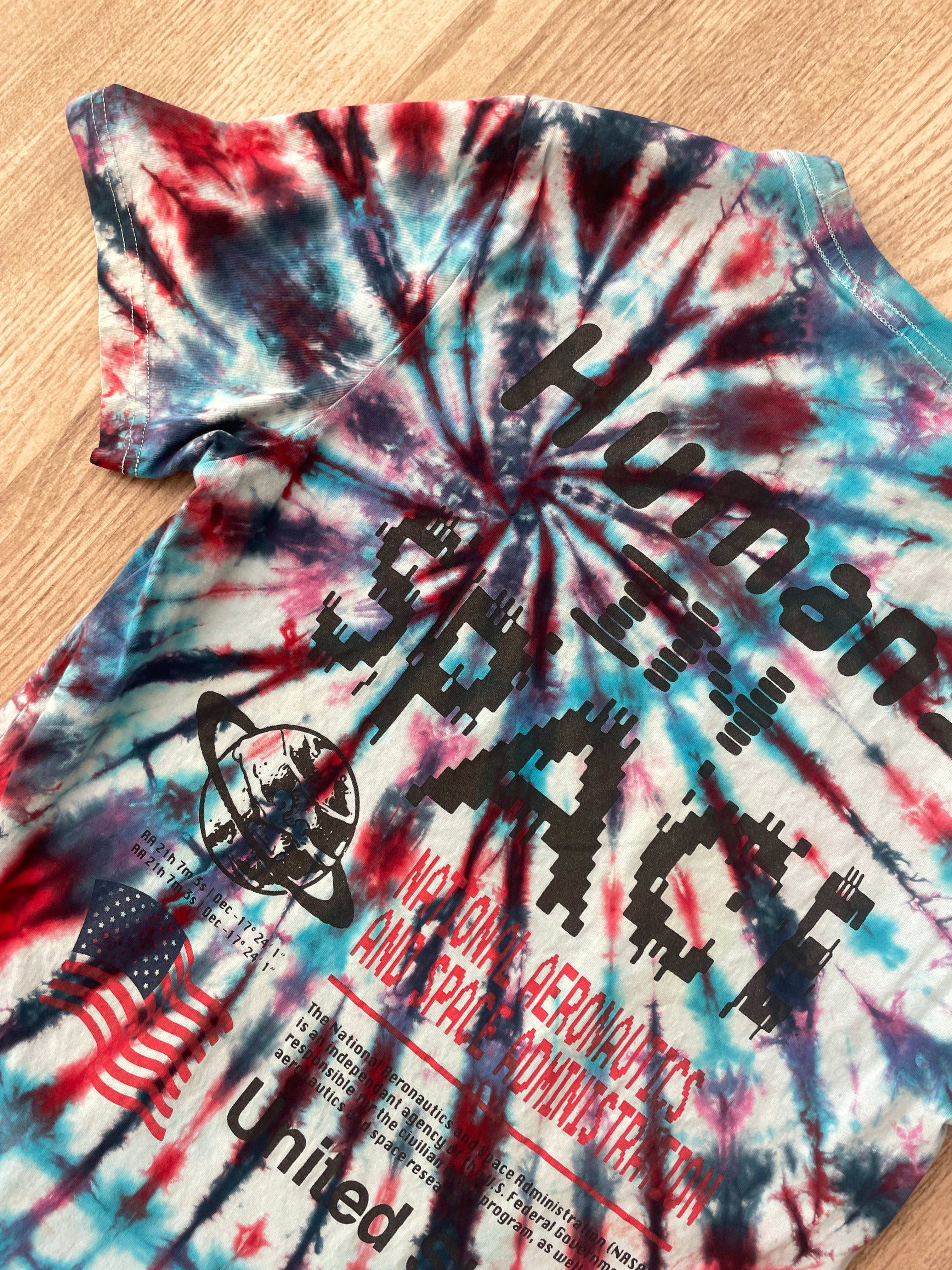 SMALL NASA Humans in Space Handmade Tie Dye Short Sleeve T-Shirt | One-Of-a-Kind Upcycled Red, White, and Blue Spiral Top