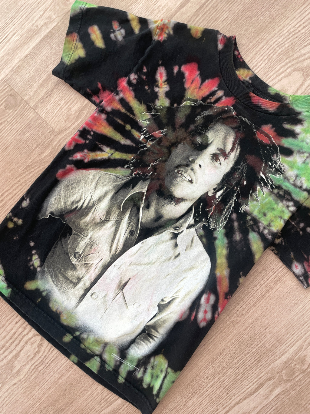 SMALL Men's Bob Marley Handmade Reverse Tie Dye Short Sleeve T-Shirt | One-Of-a-Kind Upcycled Red, Green, and Black Spiral Rasta Top