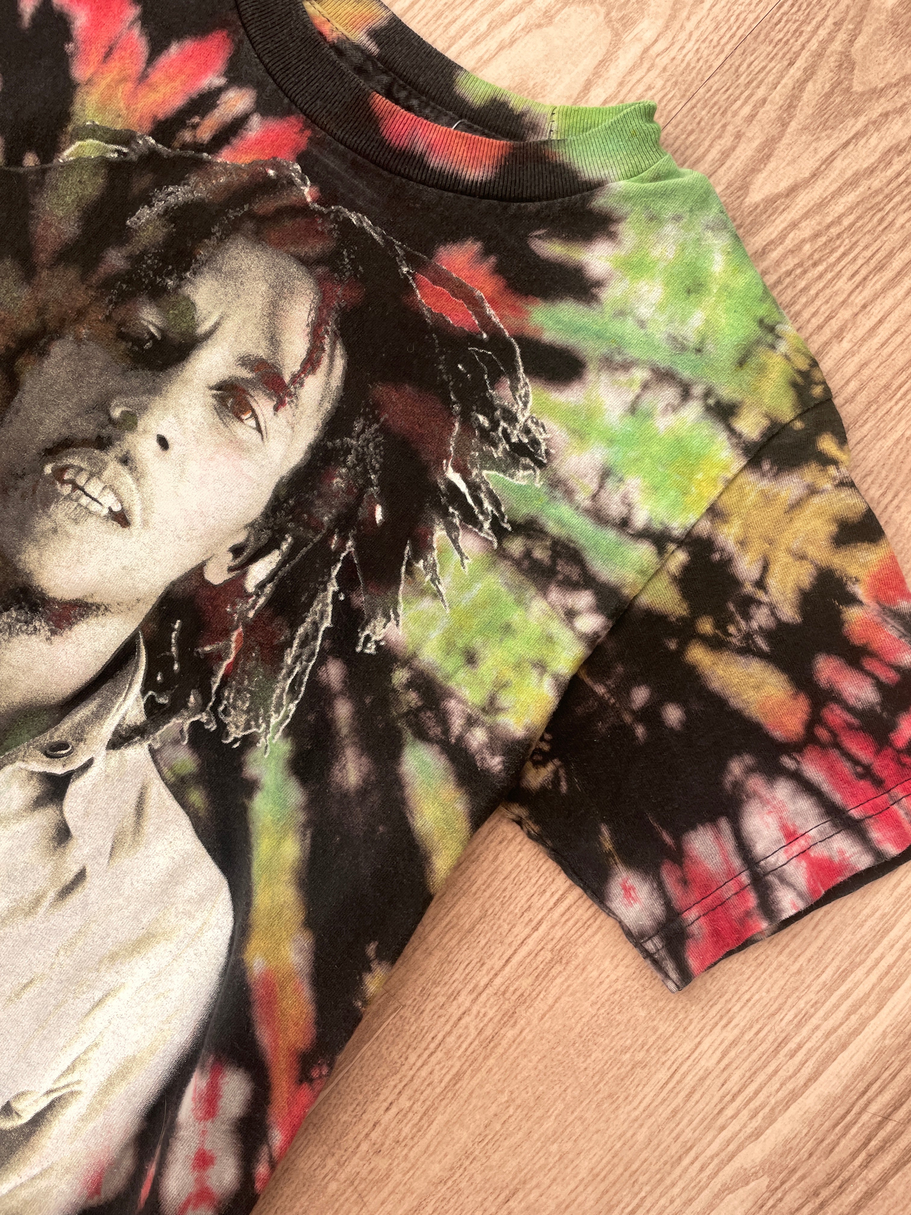 SMALL Men's Bob Marley Handmade Reverse Tie Dye Short Sleeve T-Shirt | One-Of-a-Kind Upcycled Red, Green, and Black Spiral Rasta Top