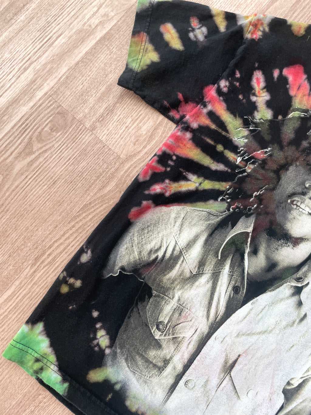 SMALL Men's Bob Marley Handmade Reverse Tie Dye Short Sleeve T-Shirt | One-Of-a-Kind Upcycled Red, Green, and Black Spiral Rasta Top