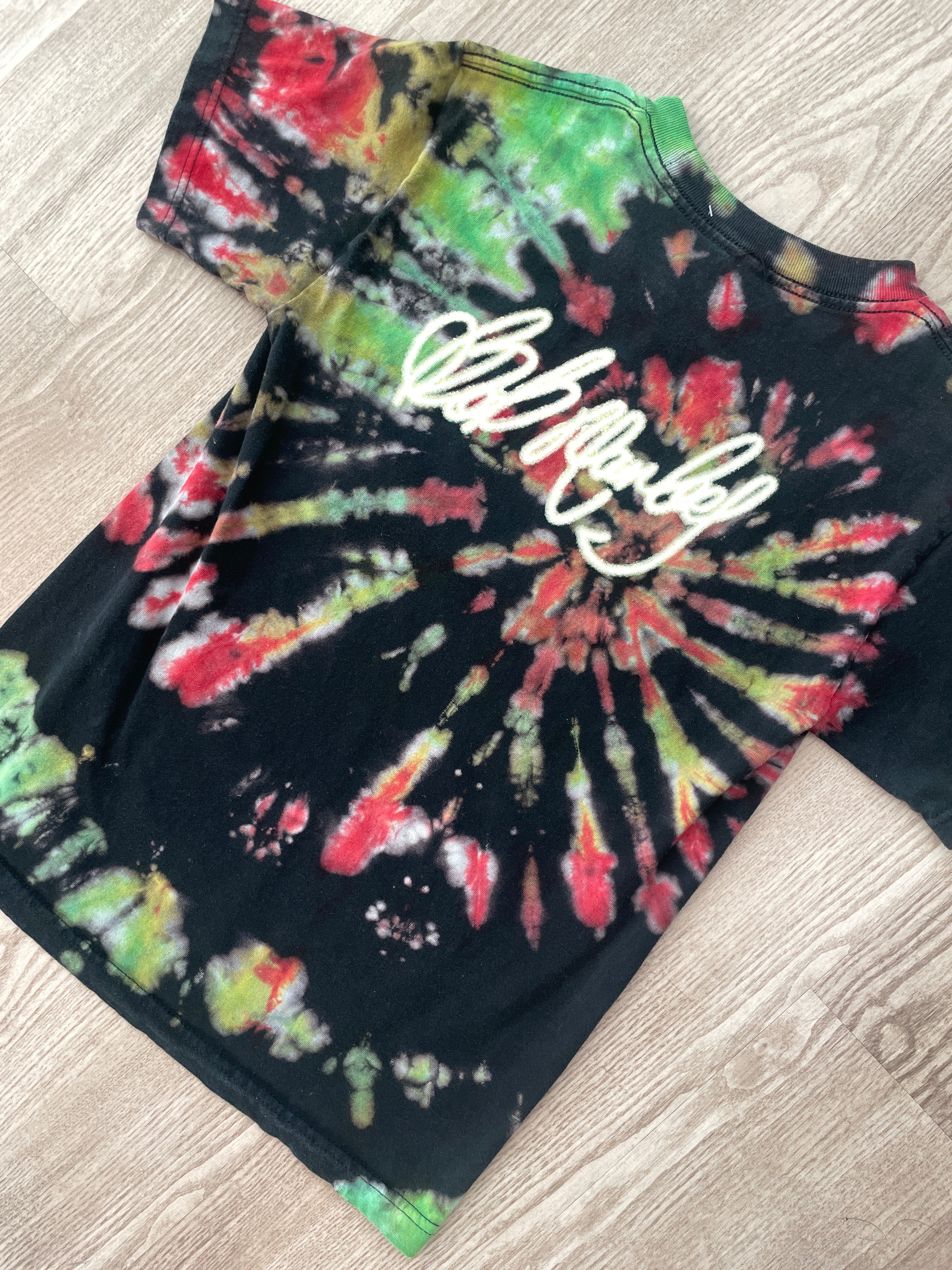SMALL Men's Bob Marley Handmade Reverse Tie Dye Short Sleeve T-Shirt | One-Of-a-Kind Upcycled Red, Green, and Black Spiral Rasta Top
