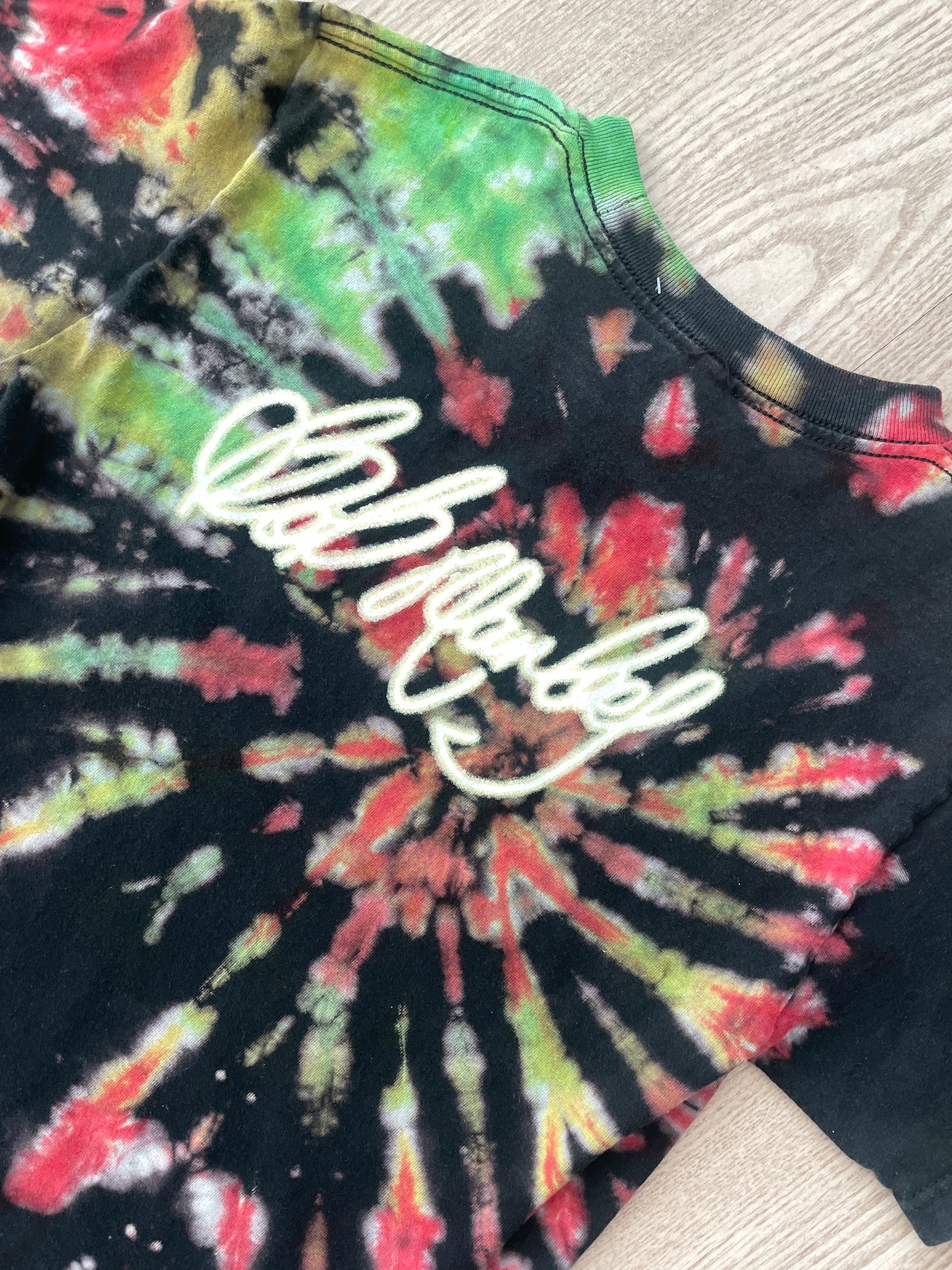 SMALL Men's Bob Marley Handmade Reverse Tie Dye Short Sleeve T-Shirt | One-Of-a-Kind Upcycled Red, Green, and Black Spiral Rasta Top