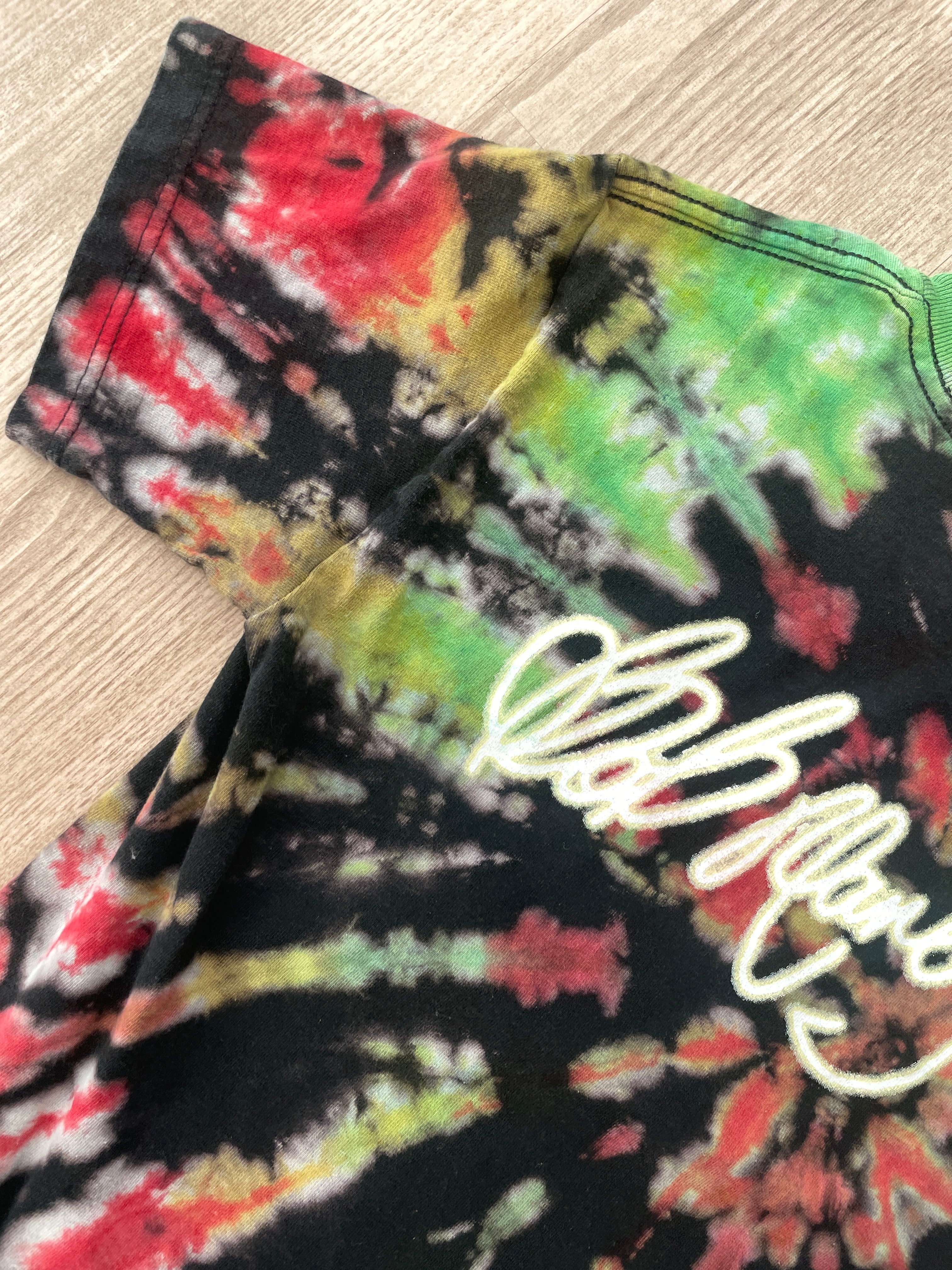 SMALL Men's Bob Marley Handmade Reverse Tie Dye Short Sleeve T-Shirt | One-Of-a-Kind Upcycled Red, Green, and Black Spiral Rasta Top