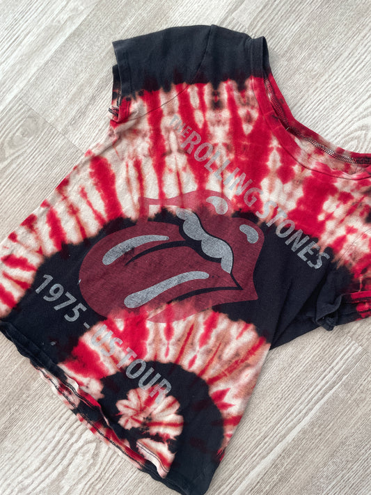 SMALL Women's Rolling Stones Handmade Reverse Tie Dye Short Sleeve T-Shirt | One-Of-a-Kind Upcycled Red and Black Spiral Top