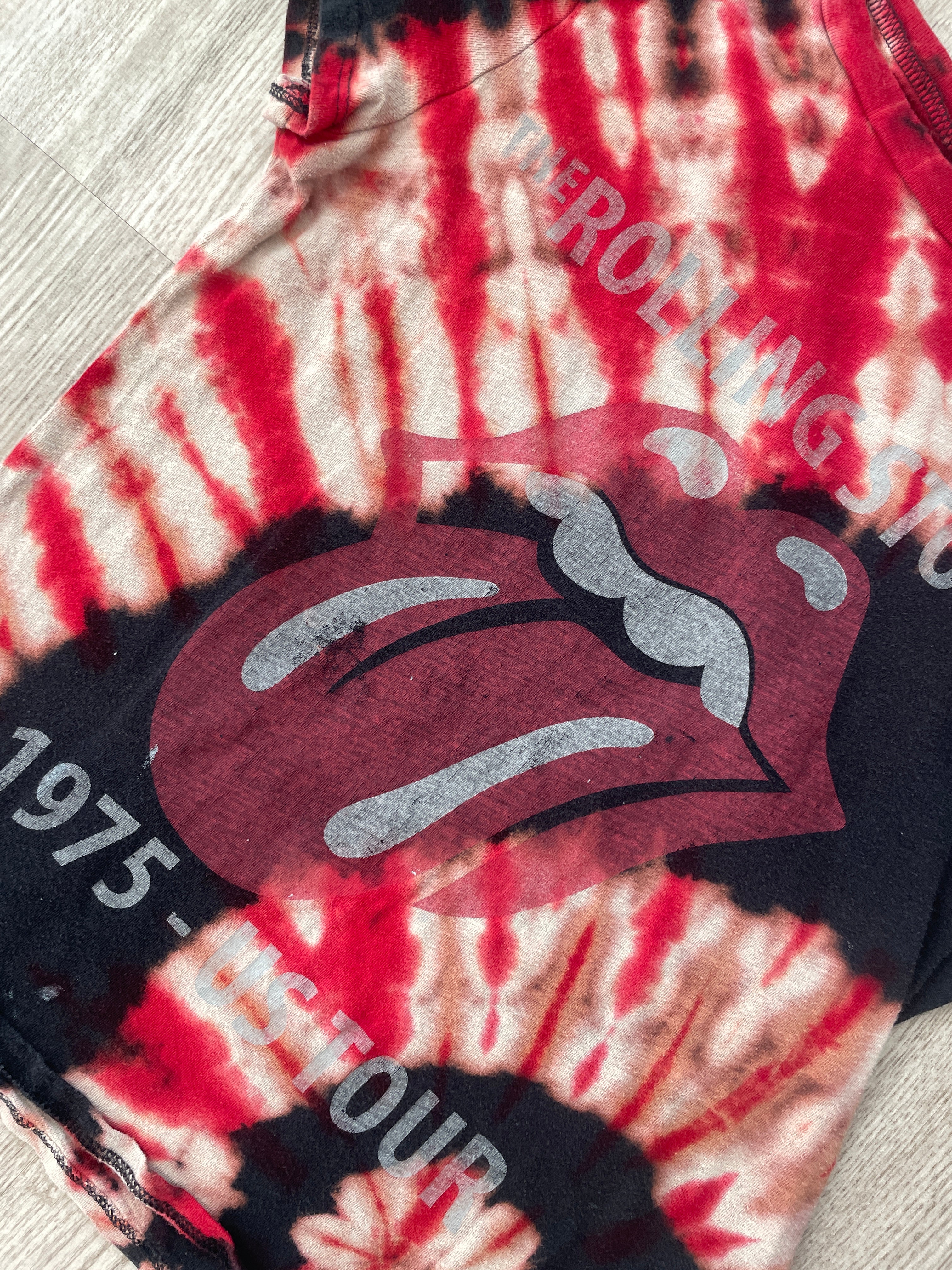 SMALL Women's Rolling Stones Handmade Reverse Tie Dye Short Sleeve T-Shirt | One-Of-a-Kind Upcycled Red and Black Spiral Top