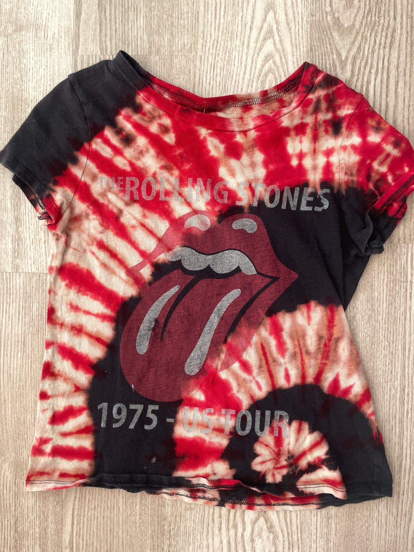 SMALL Women's Rolling Stones Handmade Reverse Tie Dye Short Sleeve T-Shirt | One-Of-a-Kind Upcycled Red and Black Spiral Top