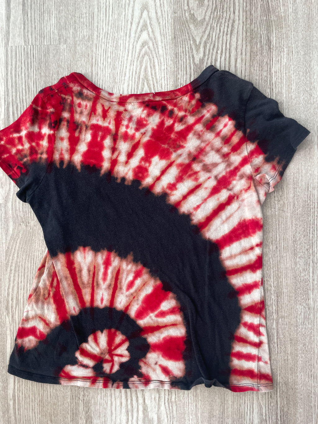 SMALL Women's Rolling Stones Handmade Reverse Tie Dye Short Sleeve T-Shirt | One-Of-a-Kind Upcycled Red and Black Spiral Top