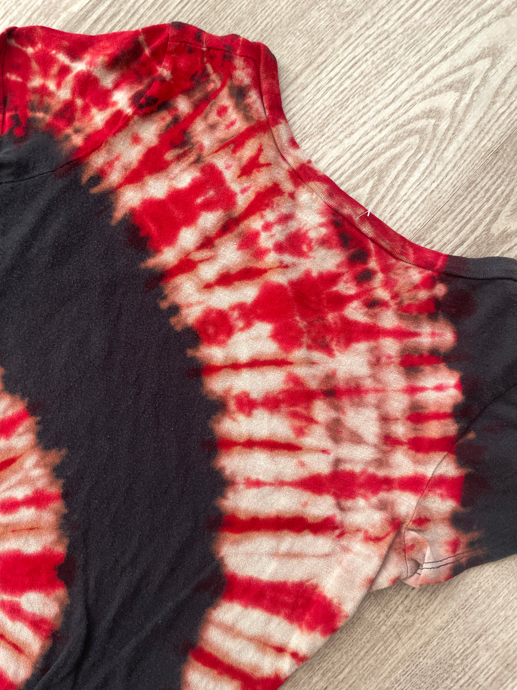 SMALL Women's Rolling Stones Handmade Reverse Tie Dye Short Sleeve T-Shirt | One-Of-a-Kind Upcycled Red and Black Spiral Top