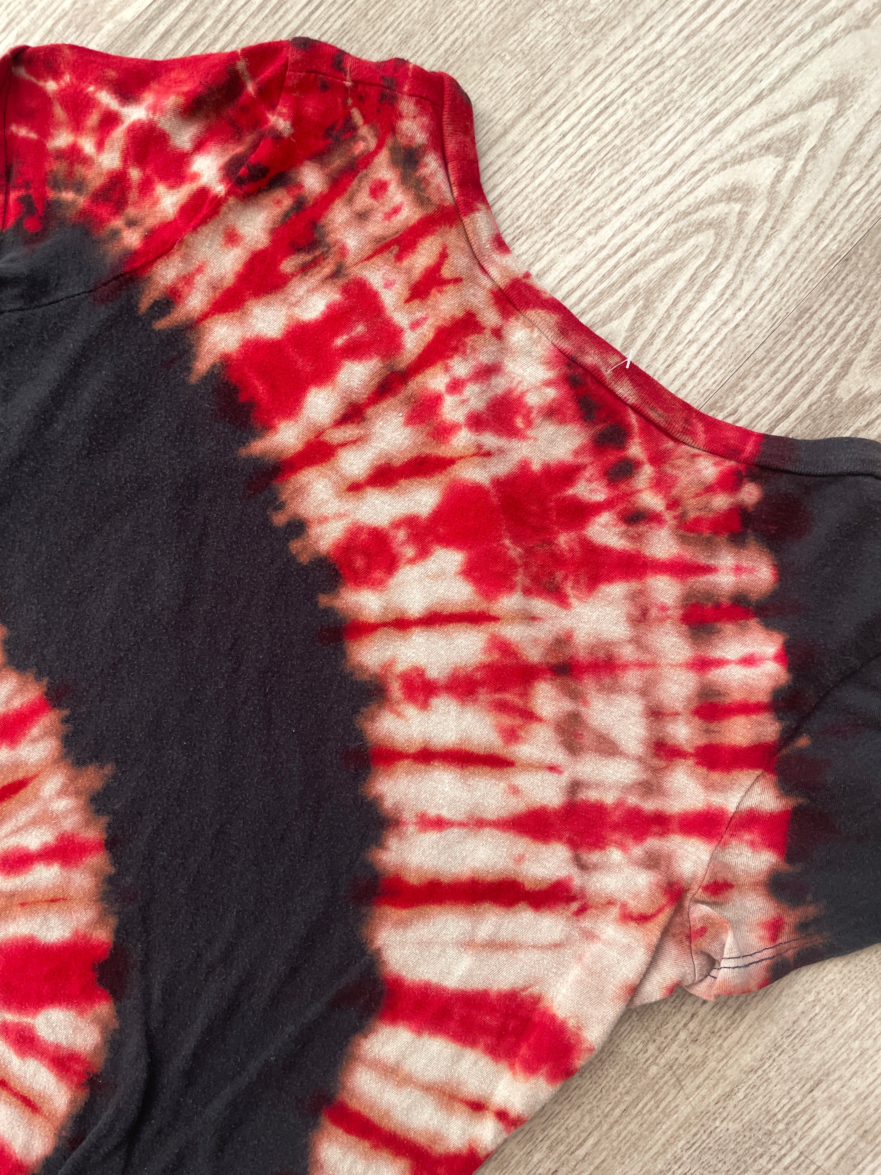 SMALL Women's Rolling Stones Handmade Reverse Tie Dye Short Sleeve T-Shirt | One-Of-a-Kind Upcycled Red and Black Spiral Top