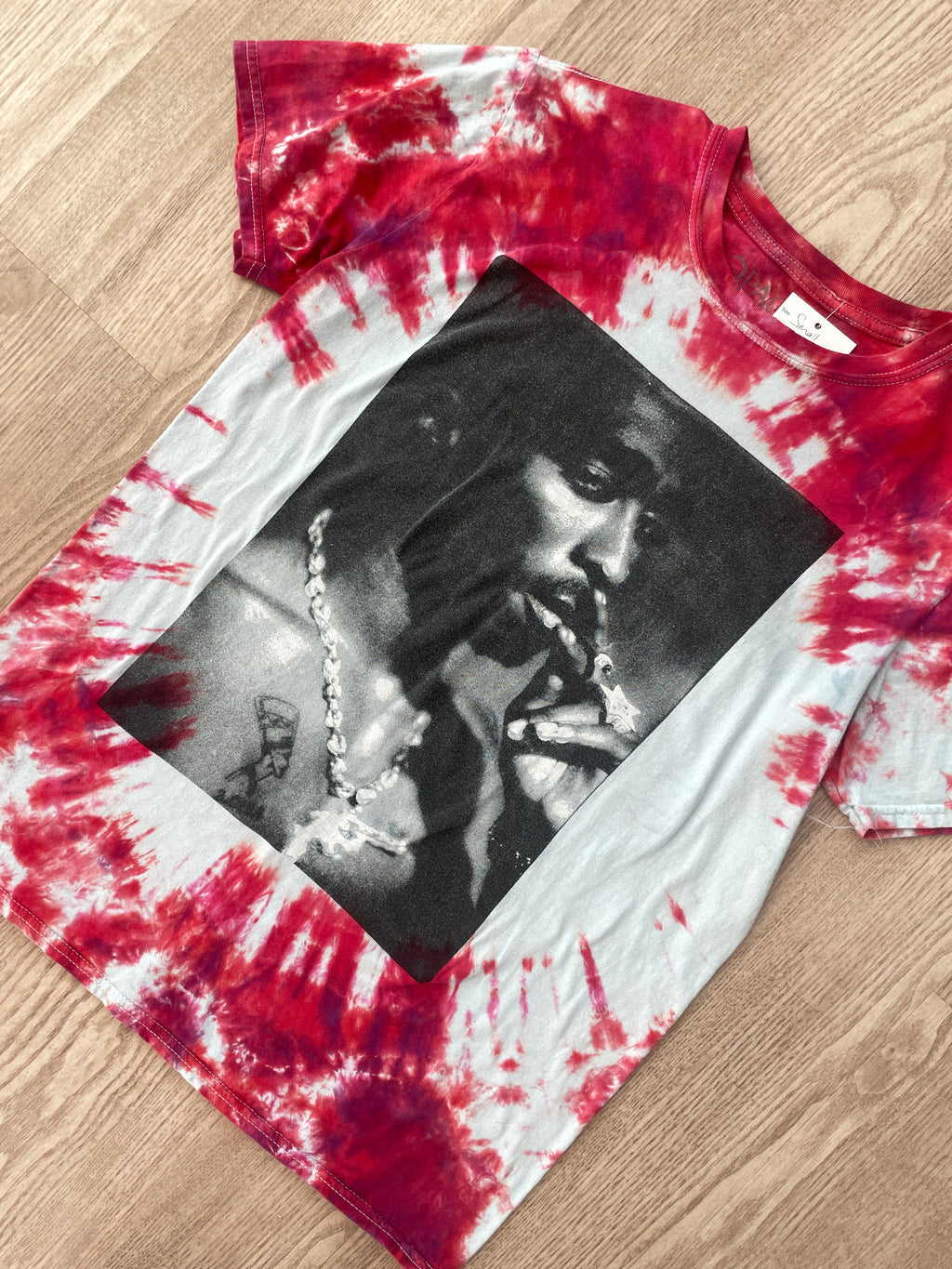 SMALL Men's Tupac Shakur Handmade Tie Dye Short Sleeve T-Shirt | One-Of-a-Kind Upcycled Red and White Crumpled and Dyed Top