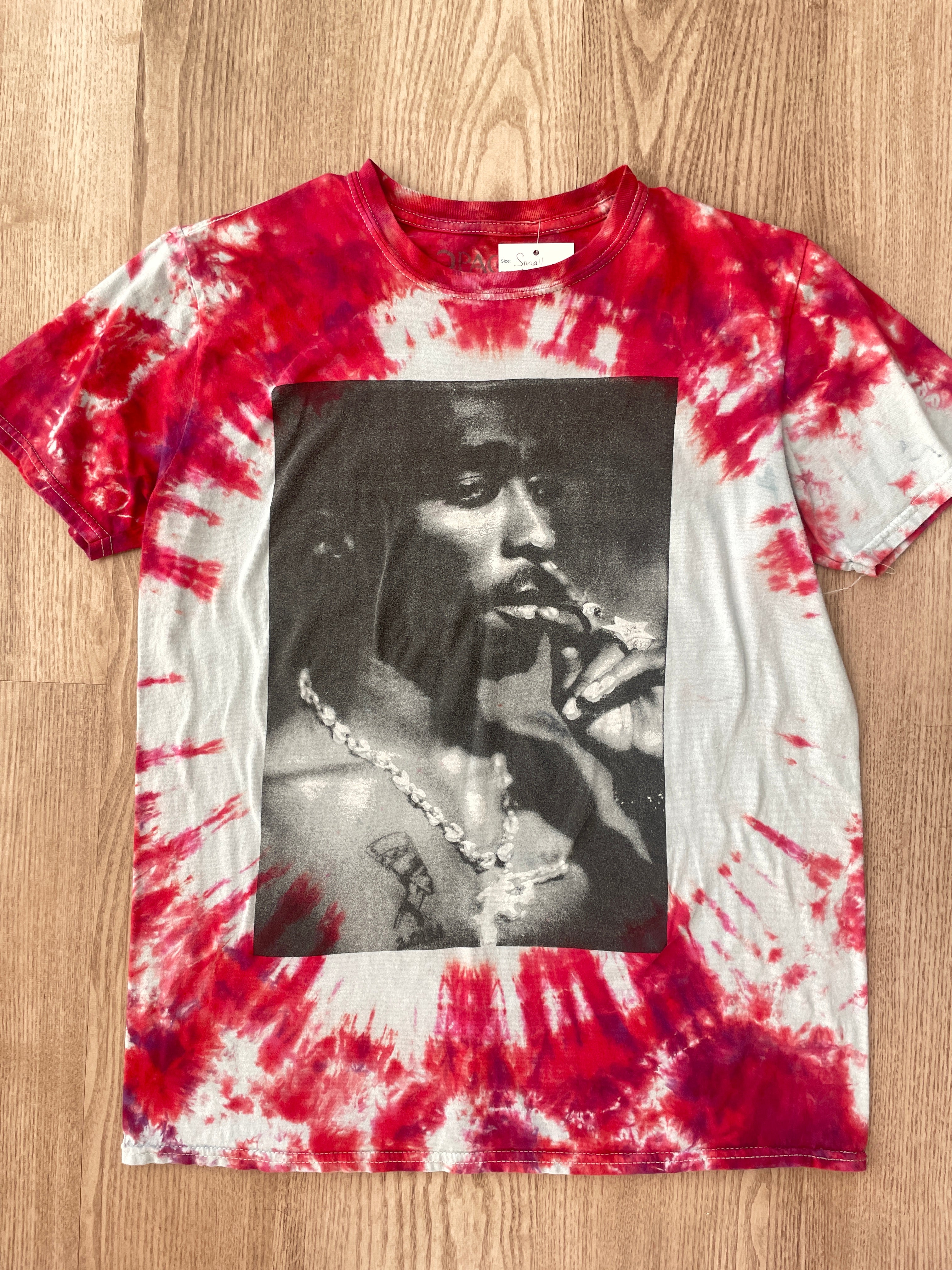 SMALL Men's Tupac Shakur Handmade Tie Dye Short Sleeve T-Shirt | One-Of-a-Kind Upcycled Red and White Crumpled and Dyed Top