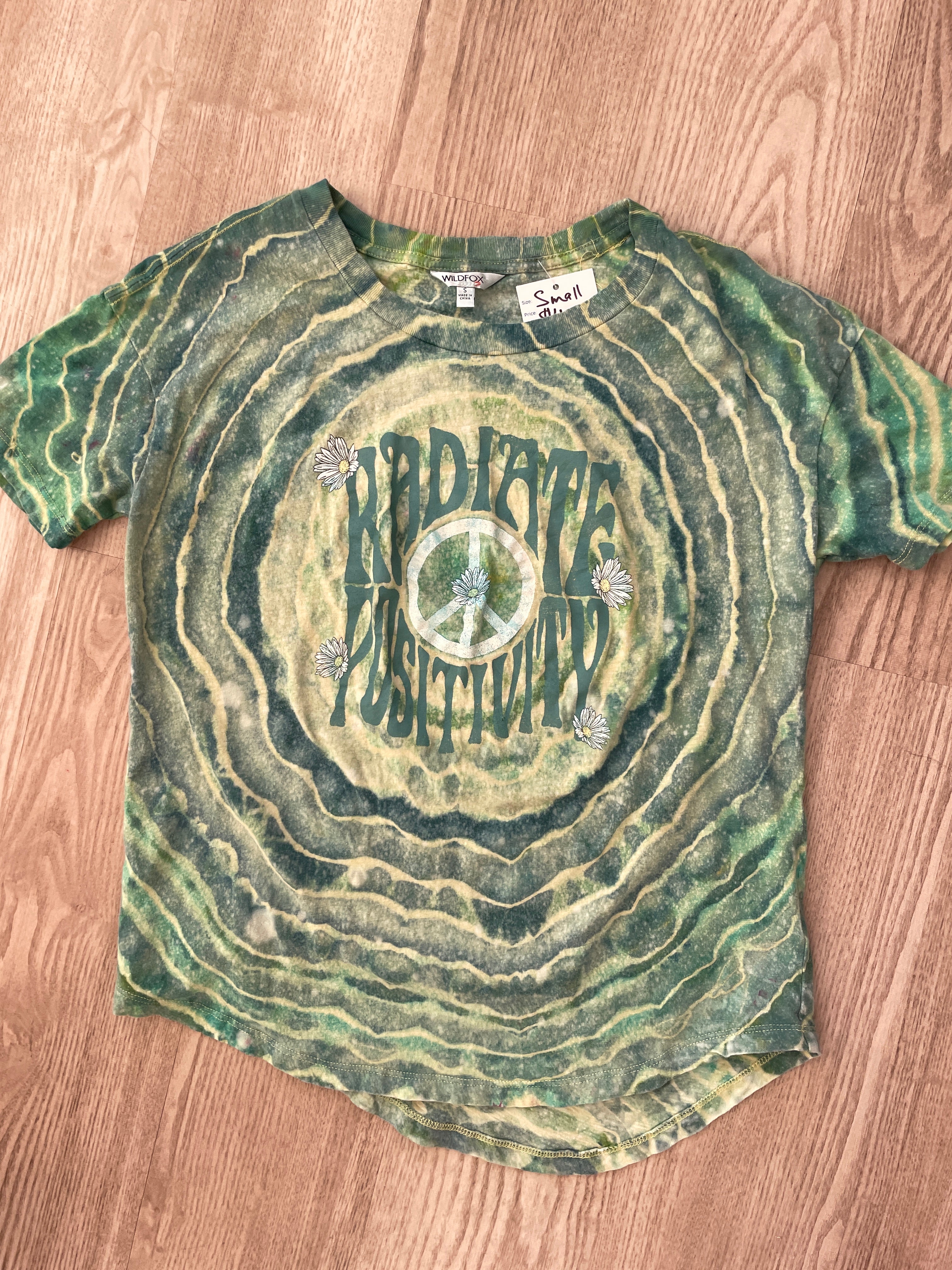 SMALL Women's Radiate Positivity Handmade Tie Dye Short Sleeve T-Shirt | One-Of-a-Kind Upcycled Yellow and Green Geode Top