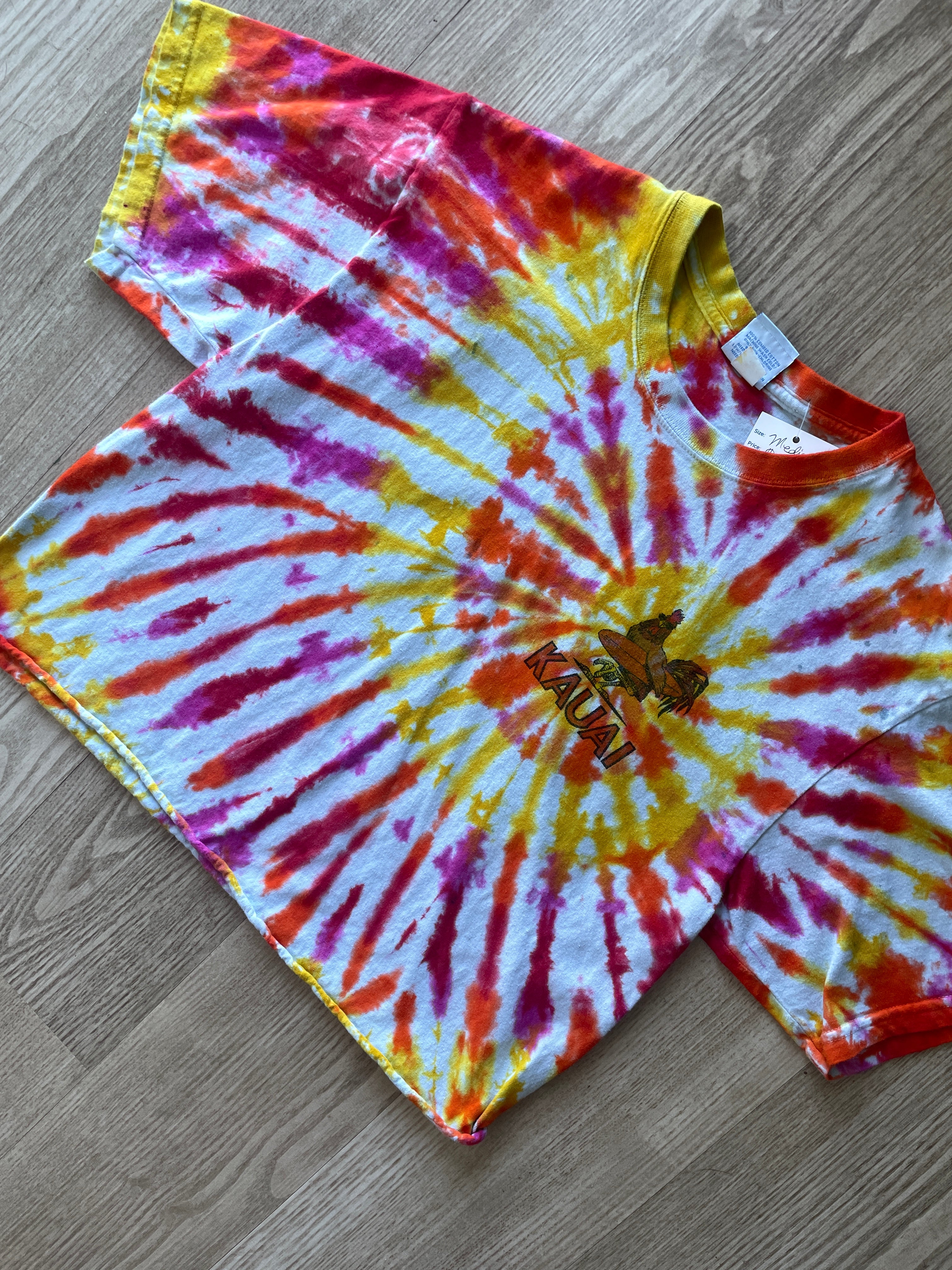 MEDIUM Men’s Kauai Dawn Patrol Handmade Reverse Tie Dye Short Sleeve Crop Top | One-Of-a-Kind Upcycled Pink, Orange, and Yellow Spiral Tee
