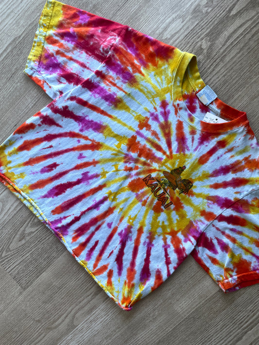 MEDIUM Men’s Kauai Dawn Patrol Handmade Reverse Tie Dye Short Sleeve Crop Top | One-Of-a-Kind Upcycled Pink, Orange, and Yellow Spiral Tee