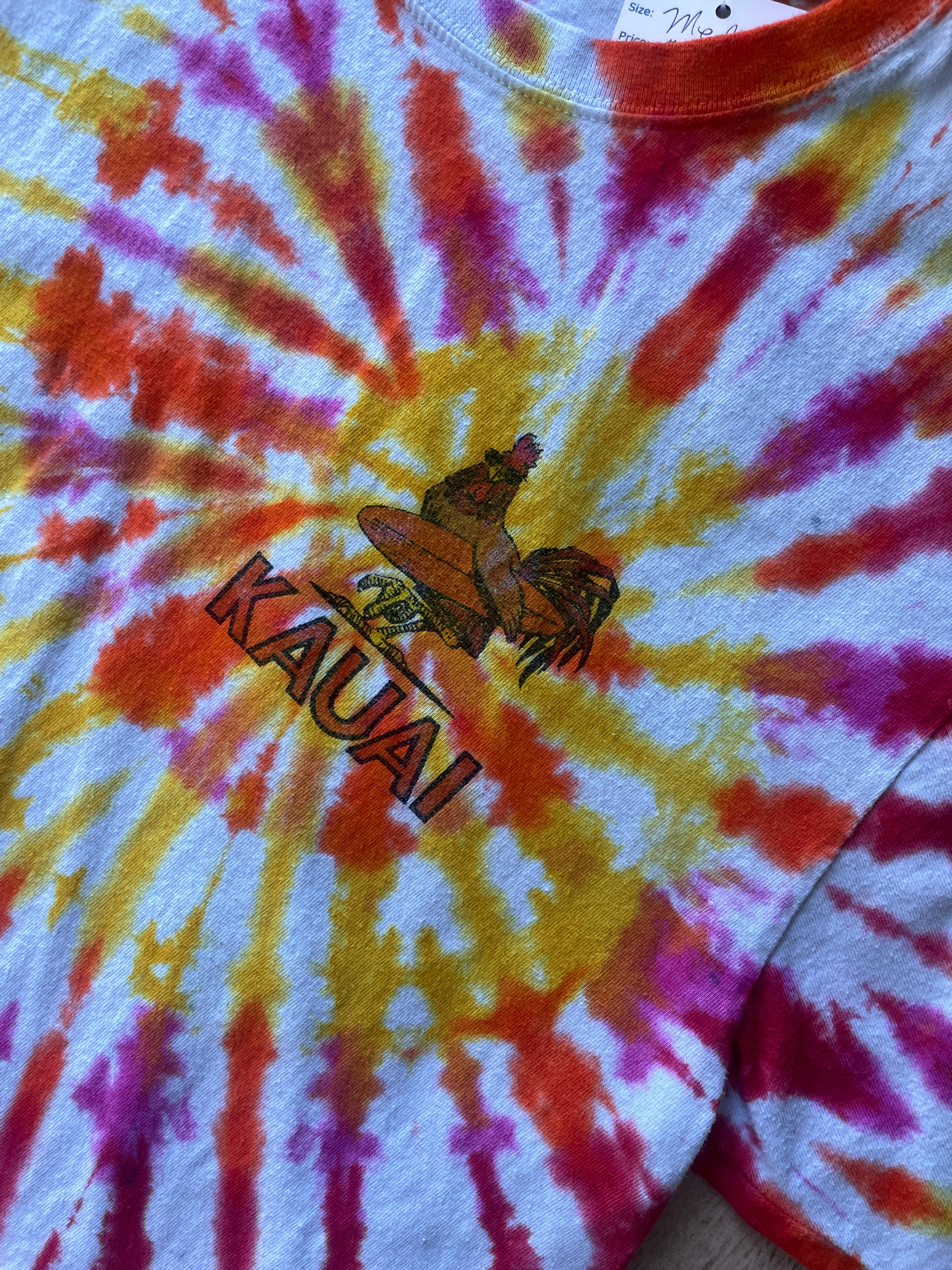 MEDIUM Men’s Kauai Dawn Patrol Handmade Reverse Tie Dye Short Sleeve Crop Top | One-Of-a-Kind Upcycled Pink, Orange, and Yellow Spiral Tee
