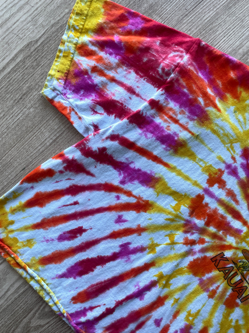 MEDIUM Men’s Kauai Dawn Patrol Handmade Reverse Tie Dye Short Sleeve Crop Top | One-Of-a-Kind Upcycled Pink, Orange, and Yellow Spiral Tee