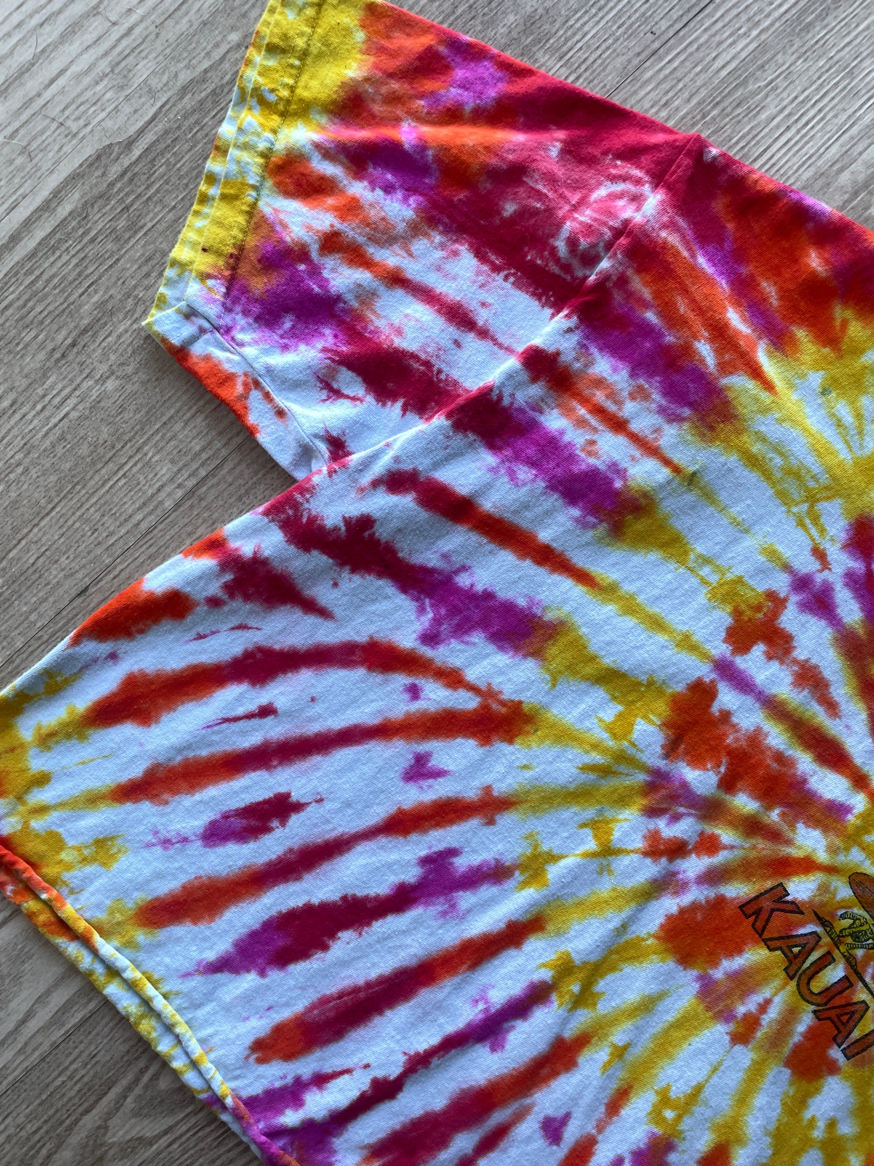MEDIUM Men’s Kauai Dawn Patrol Handmade Reverse Tie Dye Short Sleeve Crop Top | One-Of-a-Kind Upcycled Pink, Orange, and Yellow Spiral Tee