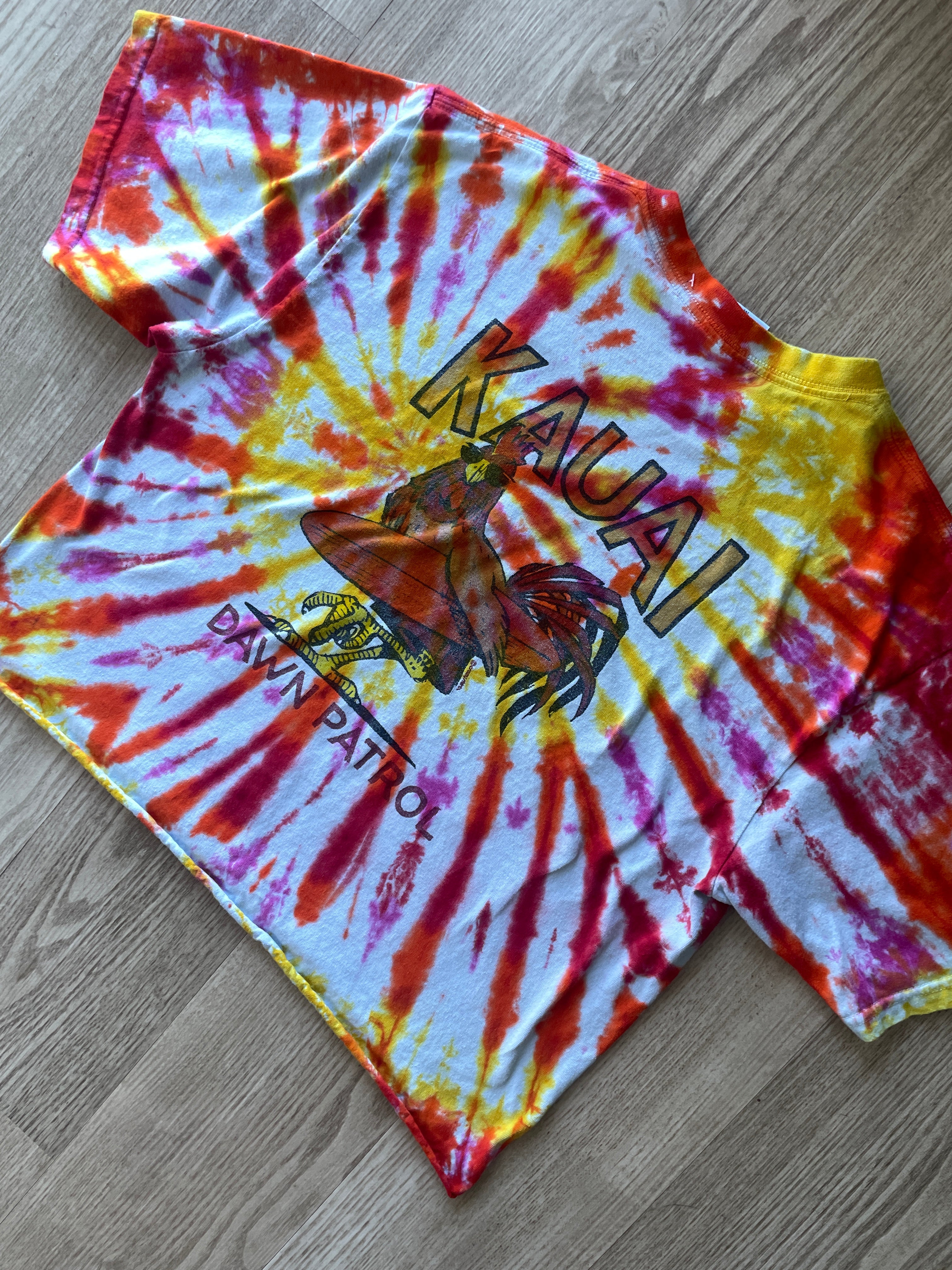 MEDIUM Men’s Kauai Dawn Patrol Handmade Reverse Tie Dye Short Sleeve Crop Top | One-Of-a-Kind Upcycled Pink, Orange, and Yellow Spiral Tee