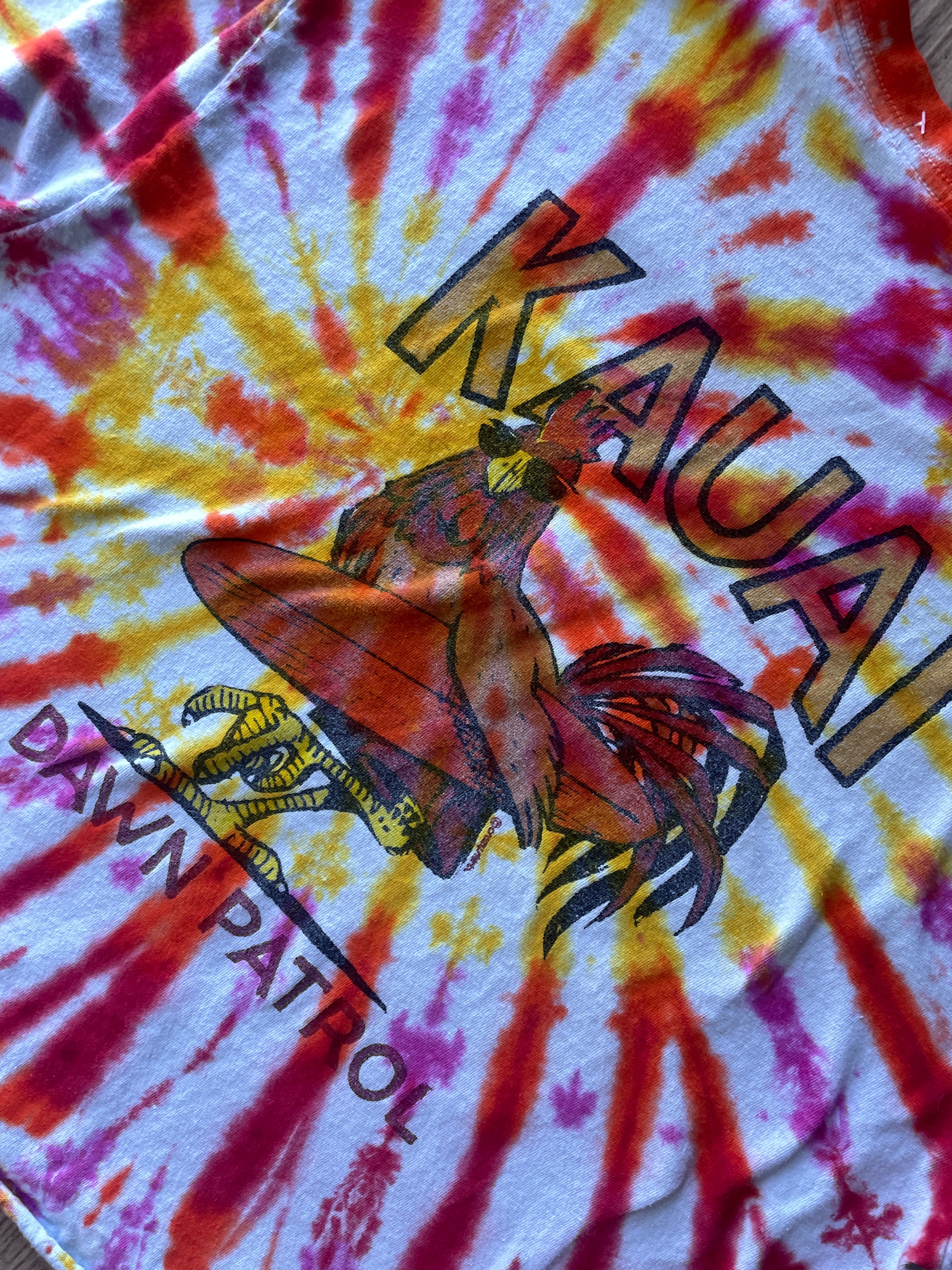 MEDIUM Men’s Kauai Dawn Patrol Handmade Reverse Tie Dye Short Sleeve Crop Top | One-Of-a-Kind Upcycled Pink, Orange, and Yellow Spiral Tee