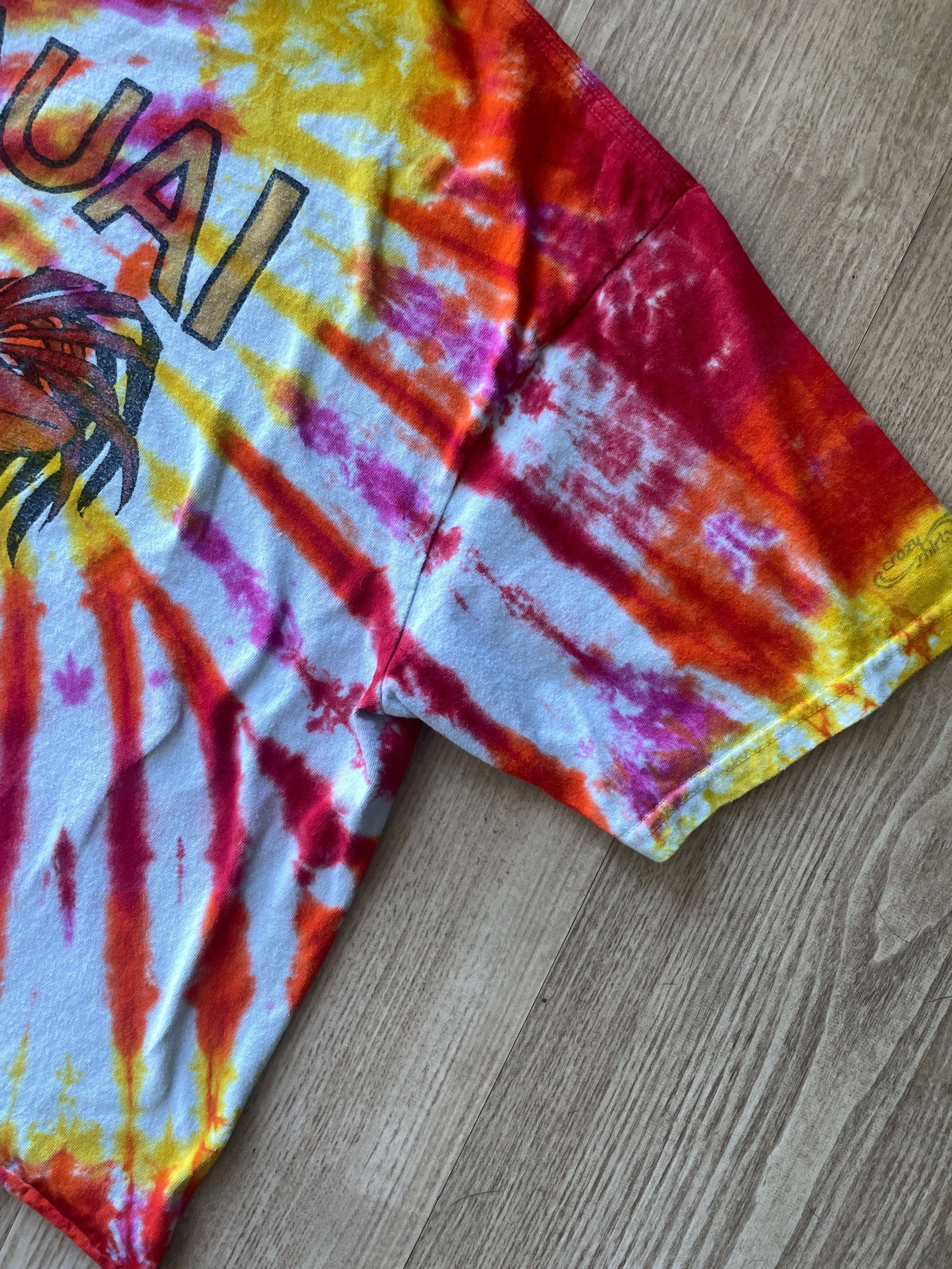 MEDIUM Men’s Kauai Dawn Patrol Handmade Reverse Tie Dye Short Sleeve Crop Top | One-Of-a-Kind Upcycled Pink, Orange, and Yellow Spiral Tee