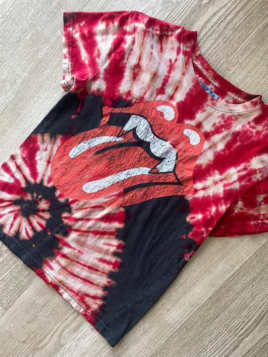 MEDIUM Women's Rolling Stones Hot Lips Handmade Reverse Tie Dye Short Sleeve T-Shirt | One-Of-a-Kind Upcycled Red and Black Spiral Top