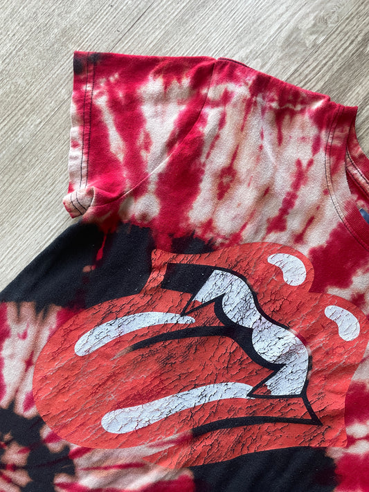 MEDIUM Women's Rolling Stones Hot Lips Handmade Reverse Tie Dye Short Sleeve T-Shirt | One-Of-a-Kind Upcycled Red and Black Spiral Top